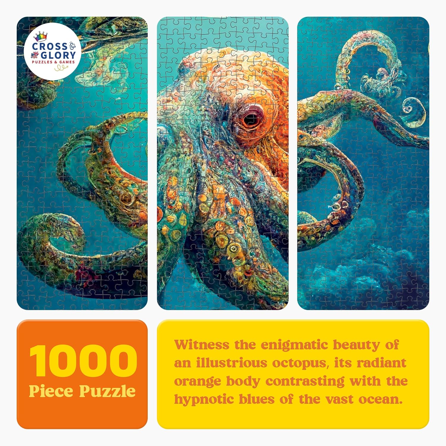 Cross & Glory | Jigsaw Puzzles 1000 Pieces for Adults | Deep Blue Octopus Odyssey | Ocean Octopus Puzzles for Adults | Challenging Brain Teaser Ocean Puzzle | 20 x 27 Inches
