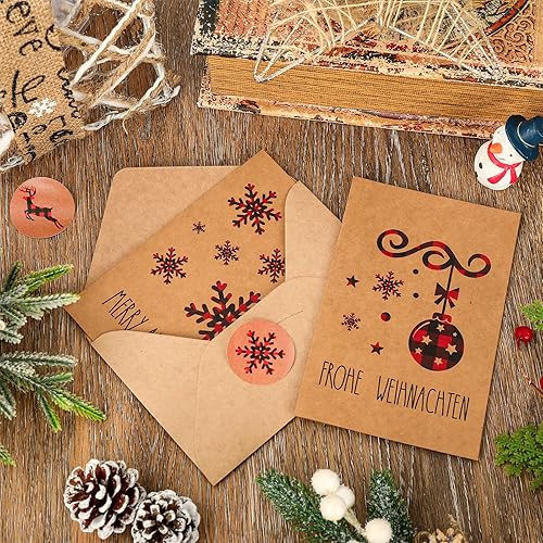 Miniatura 3 de AnyDesign Paquete de 30 tarjetas de felicitación de Navidad de 4 x 6 tarjetas de papel kraft de papel kraft a cuadros rojos y negros con copos de