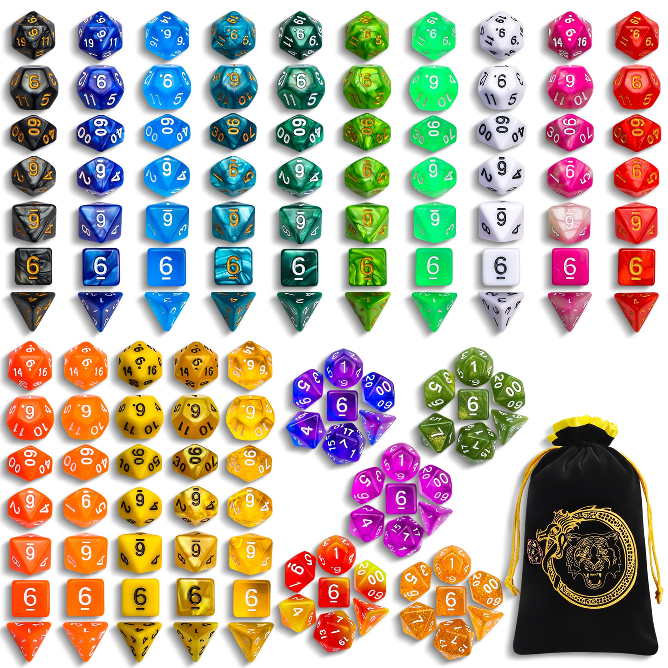 CiaraQ DND Dice Set, 140 Pieces Polyhedral Game Dice, Double Color DND Role Playing Dice, 20 Sets with 1 Large Pouch, Dungeons & Dragons DND RPG MTG Table Game Dice D4 D8 D10 D12 D20
