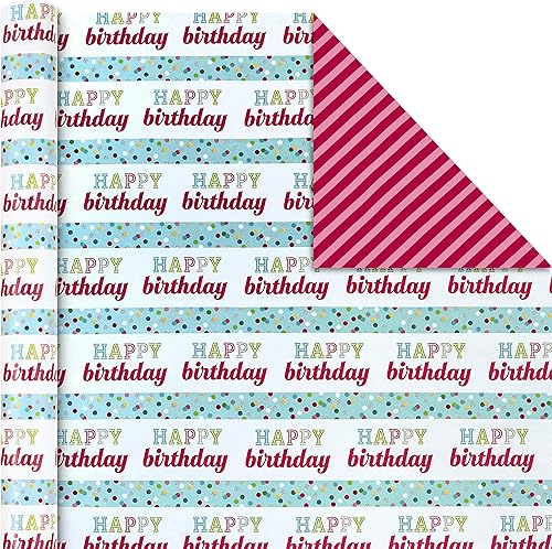 Miniatura 4 de Hallmark Rollos de papel de regalo de cumpleaños, papel de regalo colorido, flores, cupcakes, rayas, lunares (juego de 3 rollos reversibles 75 pies