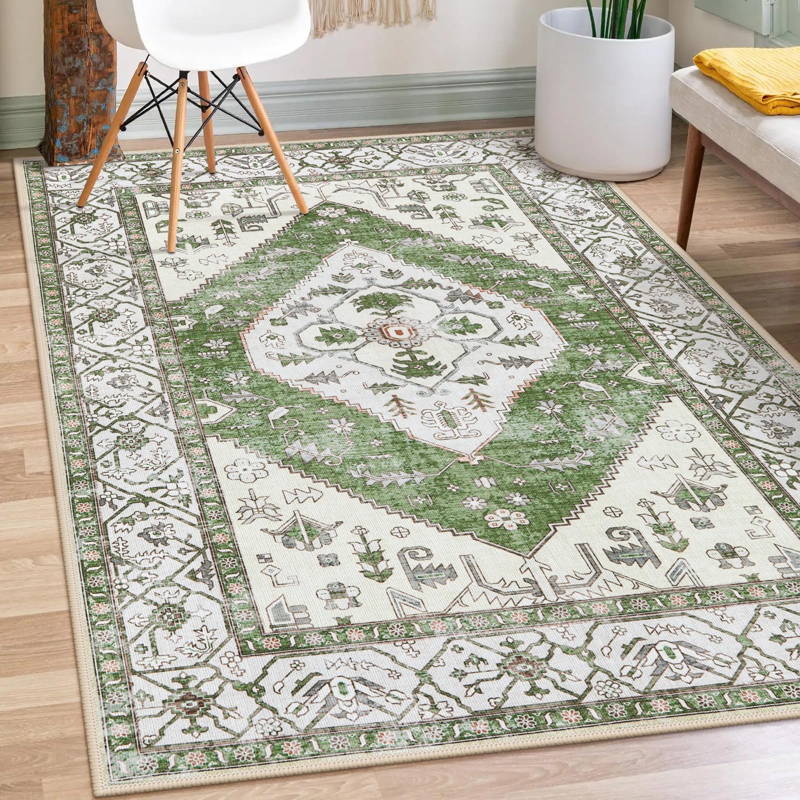 LahomeBoho Green Machine Washable Living Room Rugs - 3x5 Area Rugs for Bedroom Non-Slip Ultra-Thin Entryway Rug, Vintage Print Throw Indoor Carpet Rug for Office Kitchen (Green, 3'x5')