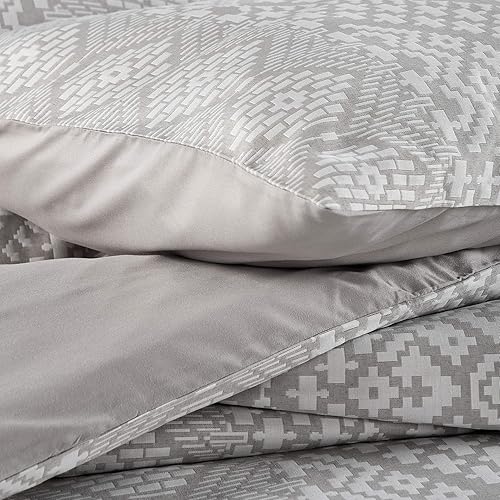 Miniatura 7 de SINGINGLORY Juego de funda de edredón tamaño King, ropa de cama jacquard con patrón geométrico blanco con cierre de botón, juego de edredón de 3