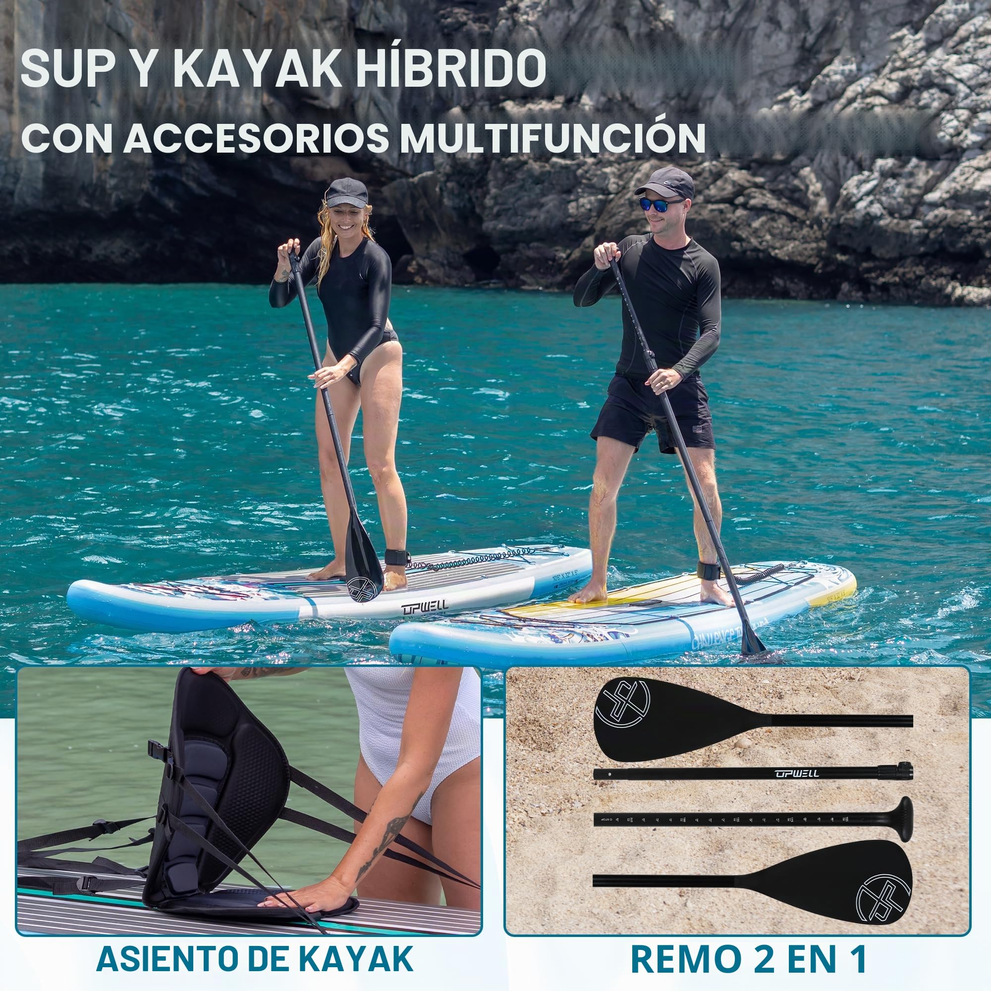 UPWELL 320 cm/335 cm Stand Up Paddle Board Sup inflable con sup Accesorios incluidos asiento para kayak, mochila, remo 2 en 1, correa, bomba de mano, aletas