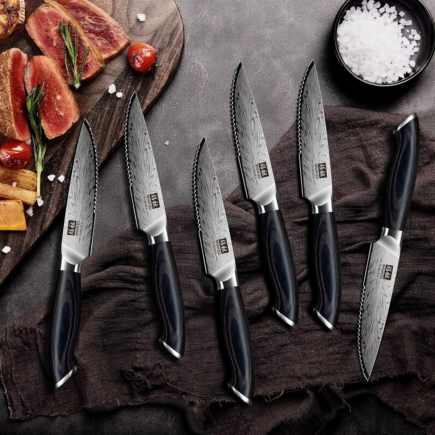 SHAN ZU Steak Knives Set of 6, Ultra Sharp 4.5 Inch High Hardness Powder Steel Steak Knife Set, Serrated Steak Knives with Ergonomic Pakkawood Handle Japanese Knives for Steak, Bread and Butter - Image 7