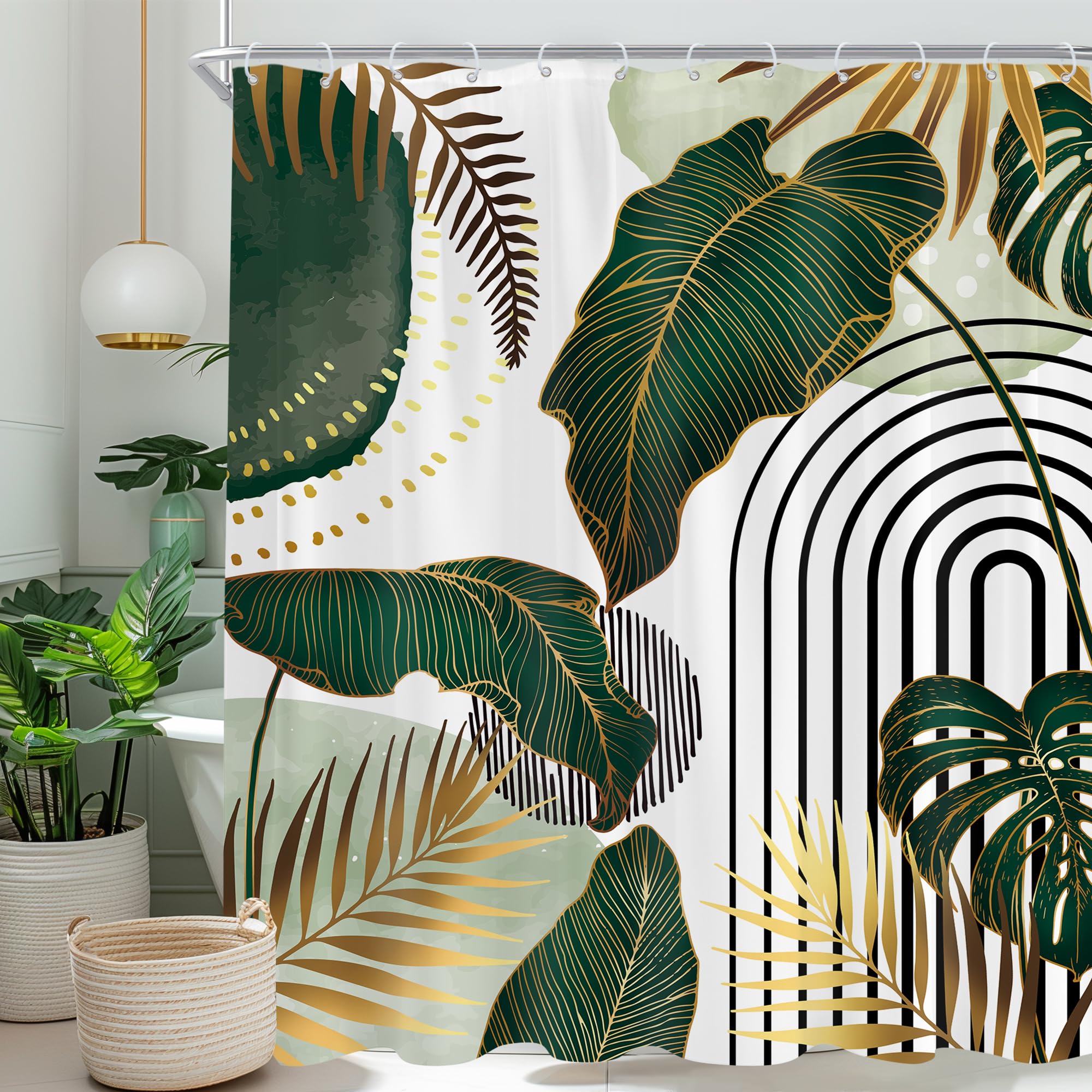 Green Boho Abstract Mid Century Modern Tropical Bathroom Shower Curtain Set — image 1