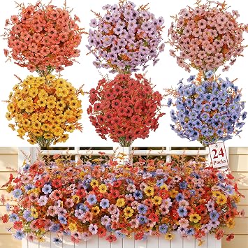 SHareconn 24Pcs Artificial Fall Flowers UV Resistant Fake Mums for Outdoors | Faux Fall Flowers for Planters, Garden, Yard, Window Box, Porch, Silk & Plastic Fall Decor, No Fade Autumn Outside Decoration