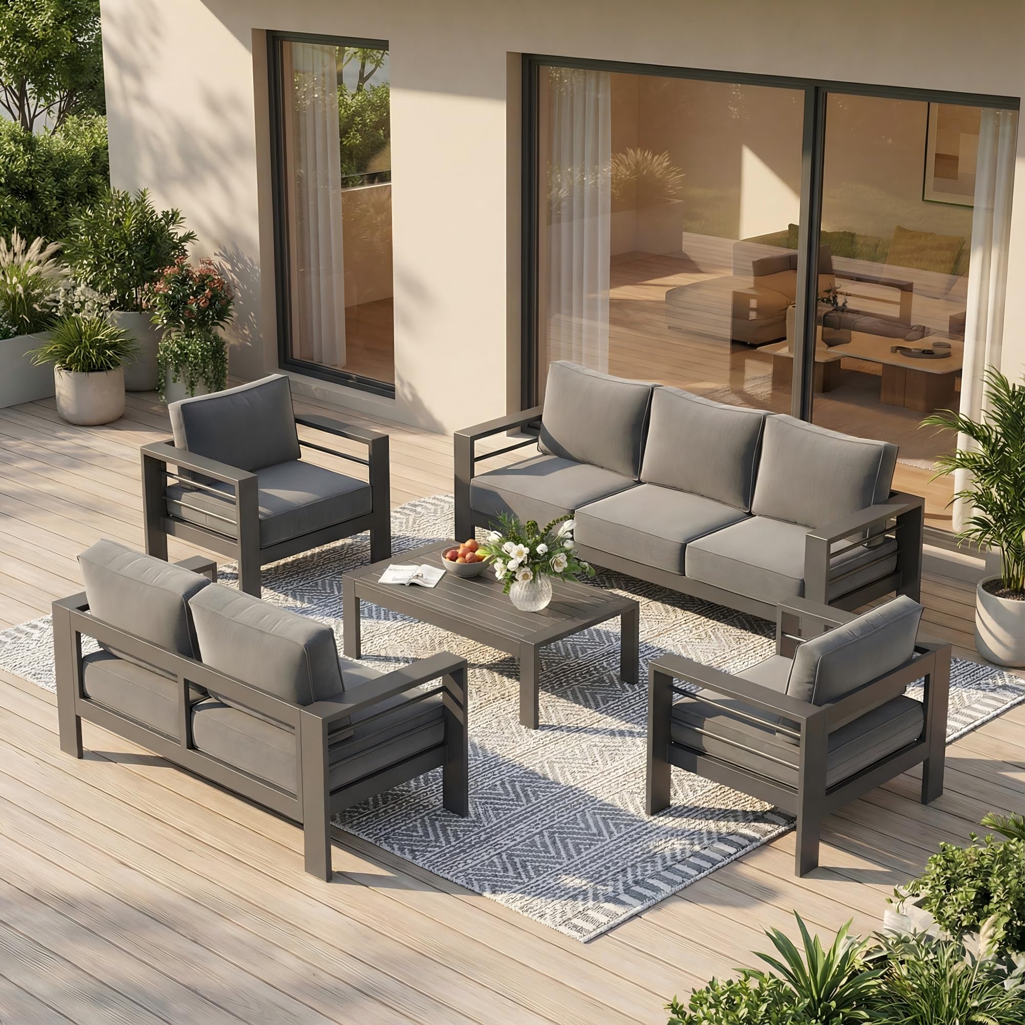 Photo 1 of ** SELLING FOR PARTS AS PARTIAL SET. ONE OF TWO BOXES** Solaste Aluminum Outdoor Patio Furniture Set, 7 Seats Patio Sectional Sofa with 5" Thick Cushion, Outdoor Patio Set with Coffee Table for Porch, Backyard, Deck, Yard, Grey