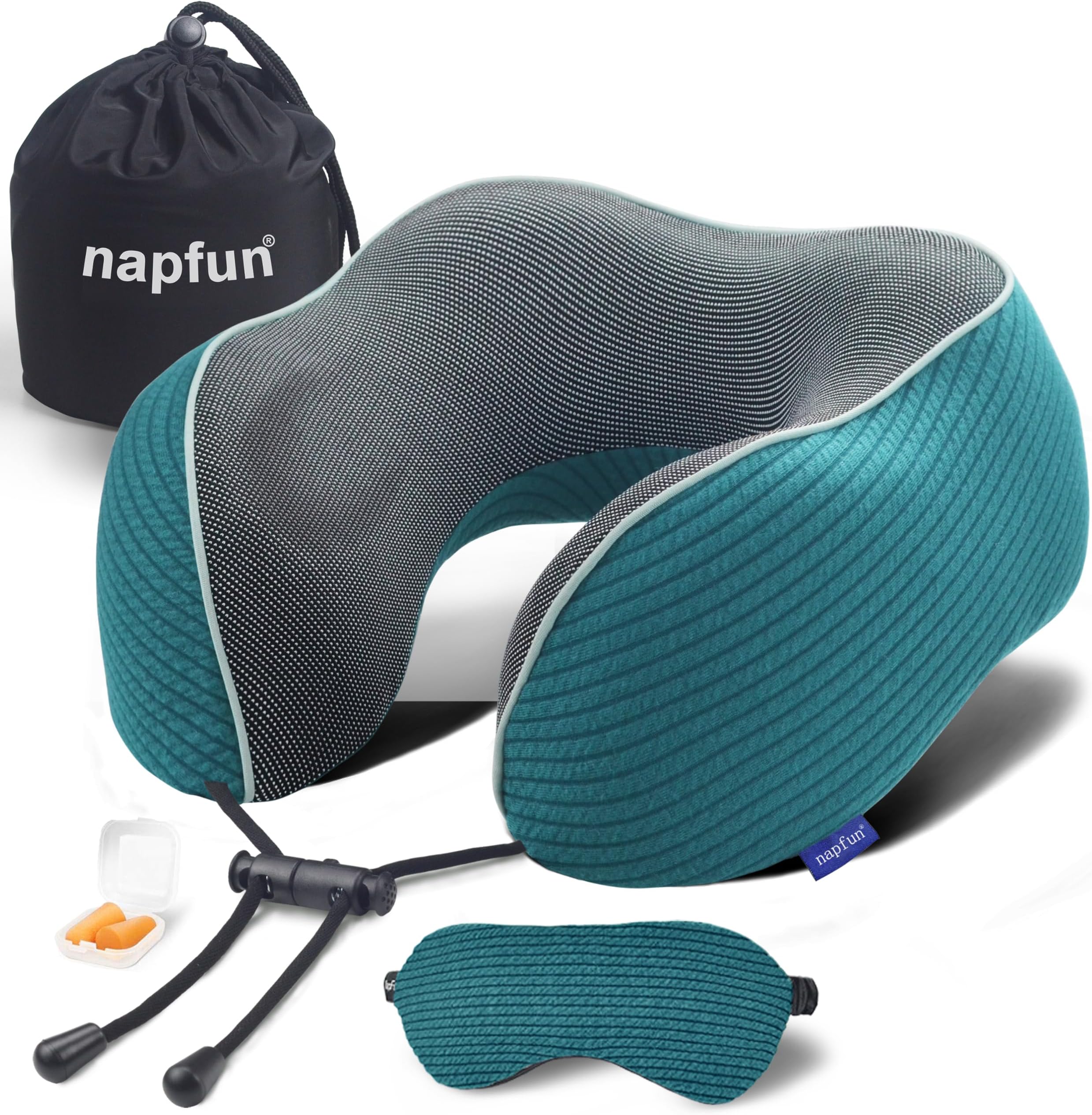 napfun Neck Pillow for Travel with Travel Pouch, Sleep Mask & Earplugs, Memory Foam Airplane Pillow for Headrest Sleep with Eyeshades, Plane Essentials with Eye Blindfold, Teal Striped Kit
