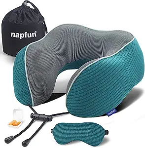 napfun Neck Pillow for Traveling, Upgraded Travel Neck Pillow for Airplane 100% Pure Memory Foam Travel Pillow for Flight Headrest Sleep, Portable Plane Accessories, Teal Set, Medium (120-200LB)