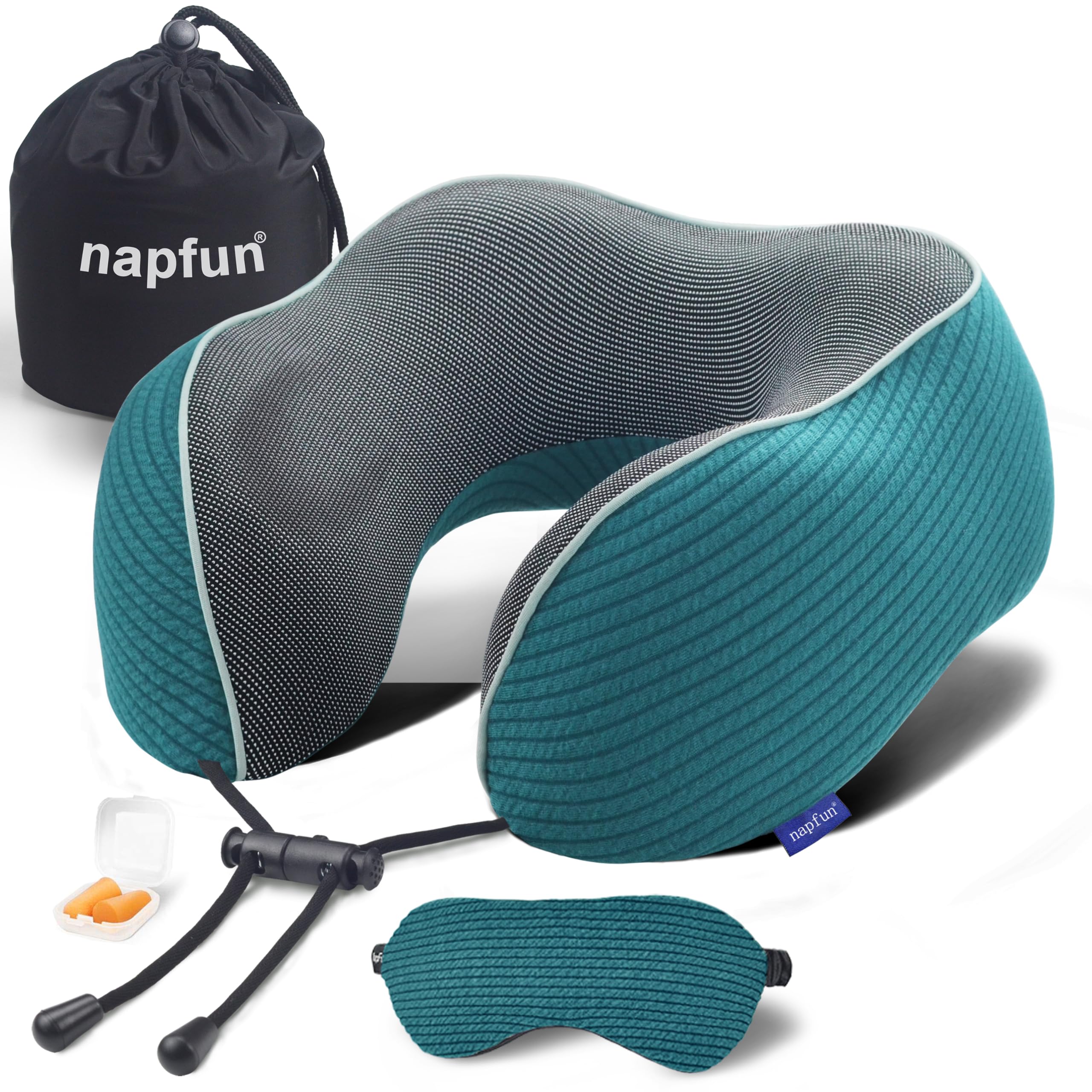 napfun Neck Pillow for Traveling, Upgraded Travel Neck Pillow for Airplane 100% Pure Memory Foam Travel Pillow for Flight Headrest Sleep, Portable Plane Accessories, Luxury Sets (Optional), Teal