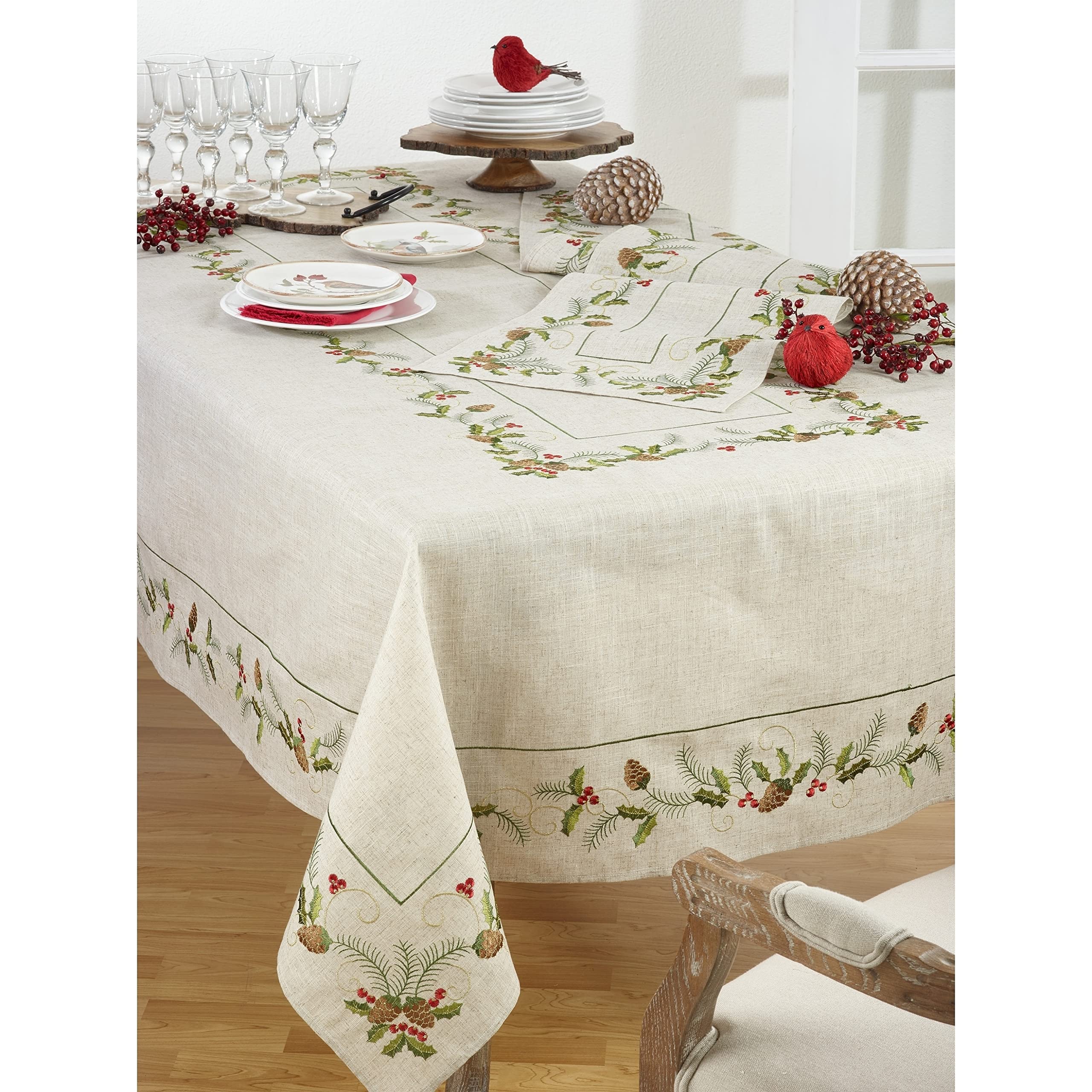 SARO LIFESTYLE 1851.N16120B kolekcja Joyeuses Fêtes haftowany bieżnik na stół szynki i ostrokrzewu, 80% poliester - 20% len, naturalny