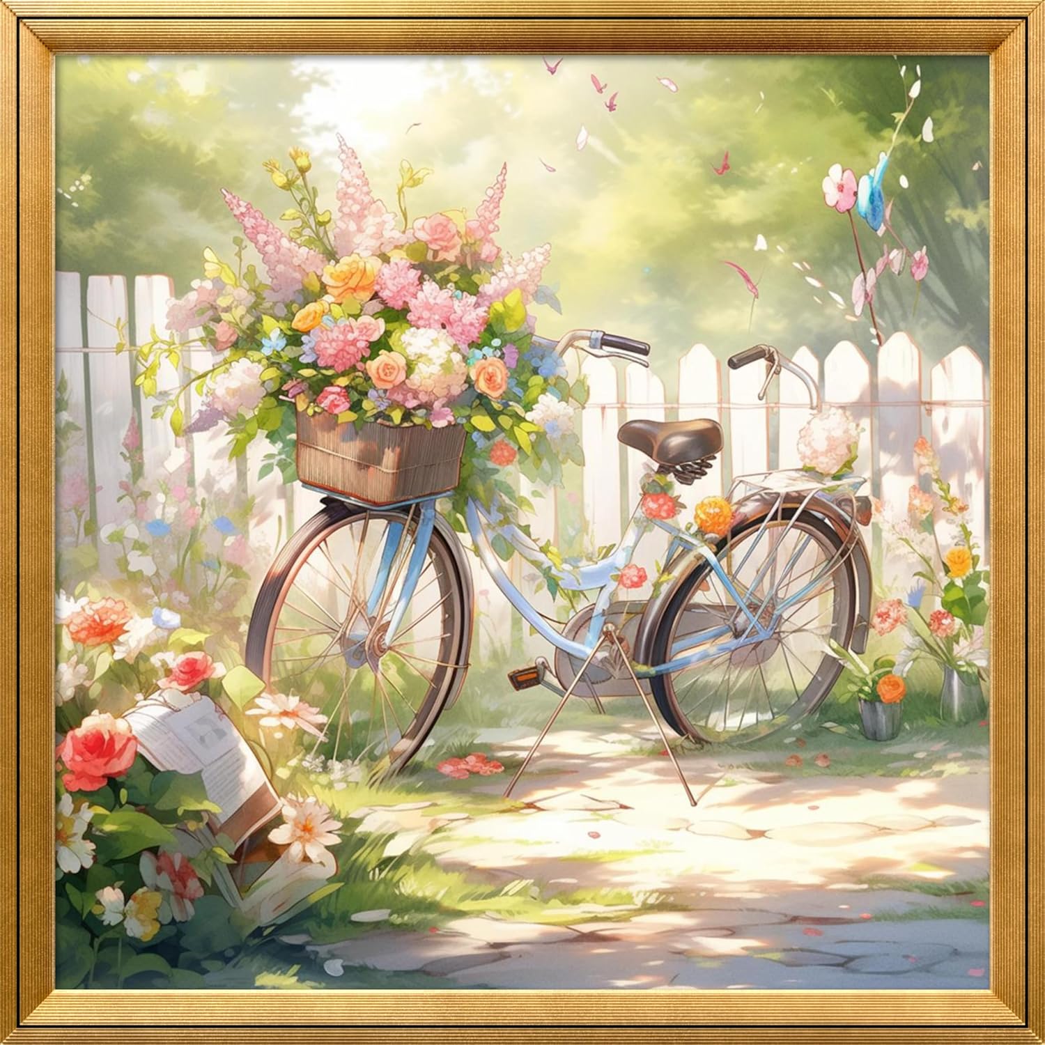 Leczany Cross Stitch Stamped Kits Patterns Craft Kit Needlepoint Full Range of Embroidery Starter Kits Beginners for DIY 11CT 3 Strands | Bicycle and Flowers 16.5×16.5 inches