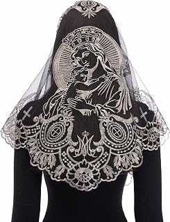 Catholic Veils for Church Women: Our Lady of Mount Carmel Lace Floral Veil, Religious Chapel Mantilla Veil for Mass