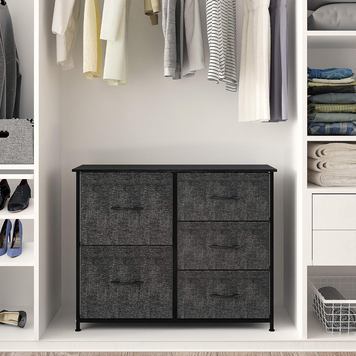 Promo Discount Up To 70% Off YITAHOME Storage Tower with 5 Drawers - Fabric Dresser, Organizer Unit for Bedroom, Living Room, Closets & Nursery - Sturdy Steel Frame, Easy Pull Fabric Bins & Wooden Top (Black/Grey)