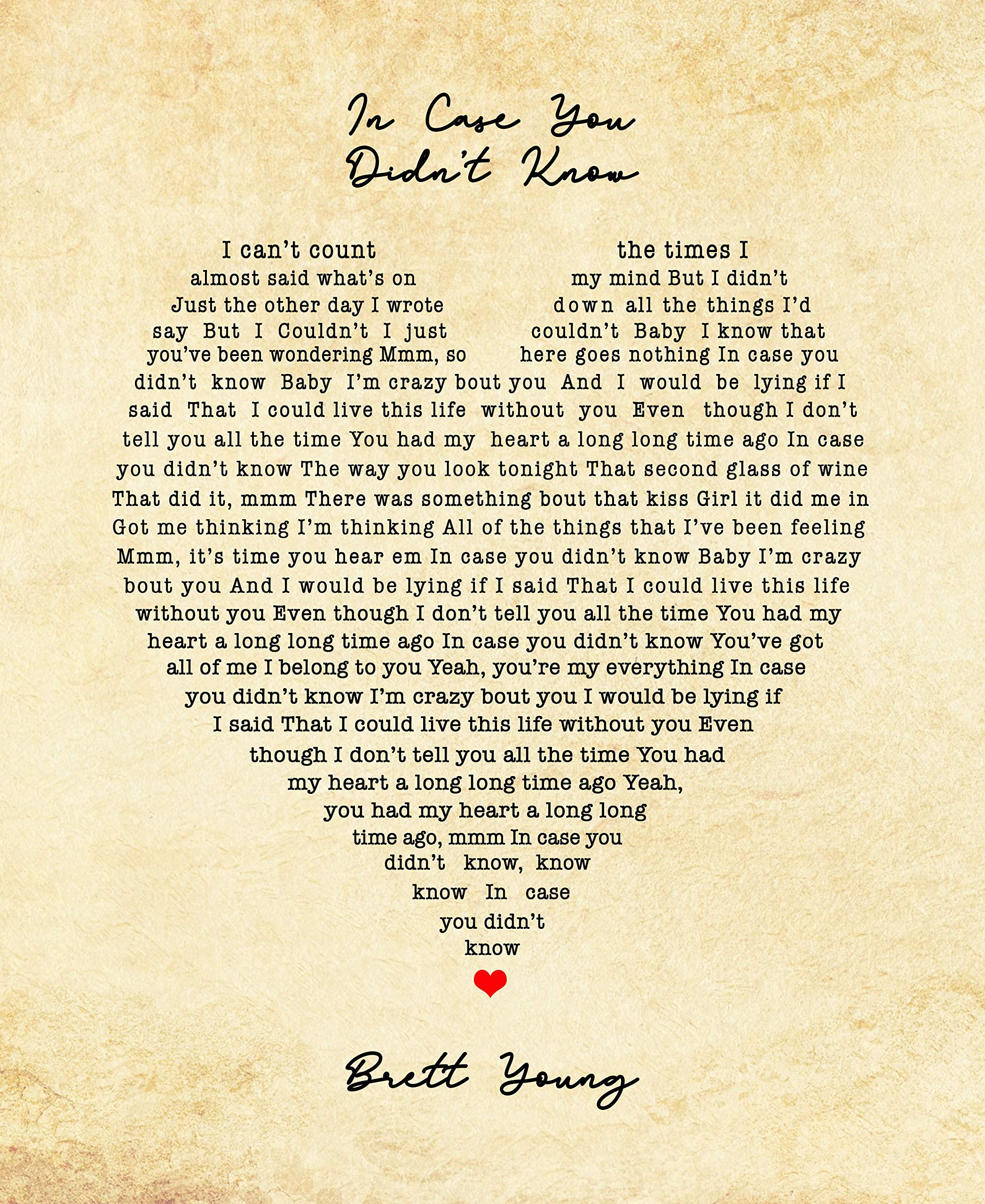 Brett Young - In Case You Didn't Know Music Decor Wall Art, Country Music Wall Decor Poster, Great Print For Home Decor, Bedroom Decor, Office Decor, or Man Cave Room Decor Aesthetic, Unframed - 8x10