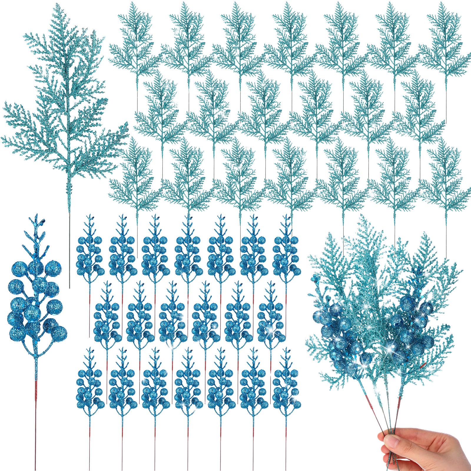 Aiguilles de pin artificielles pailletées bleu aigue-marine pour déco Noël | Lot de 80