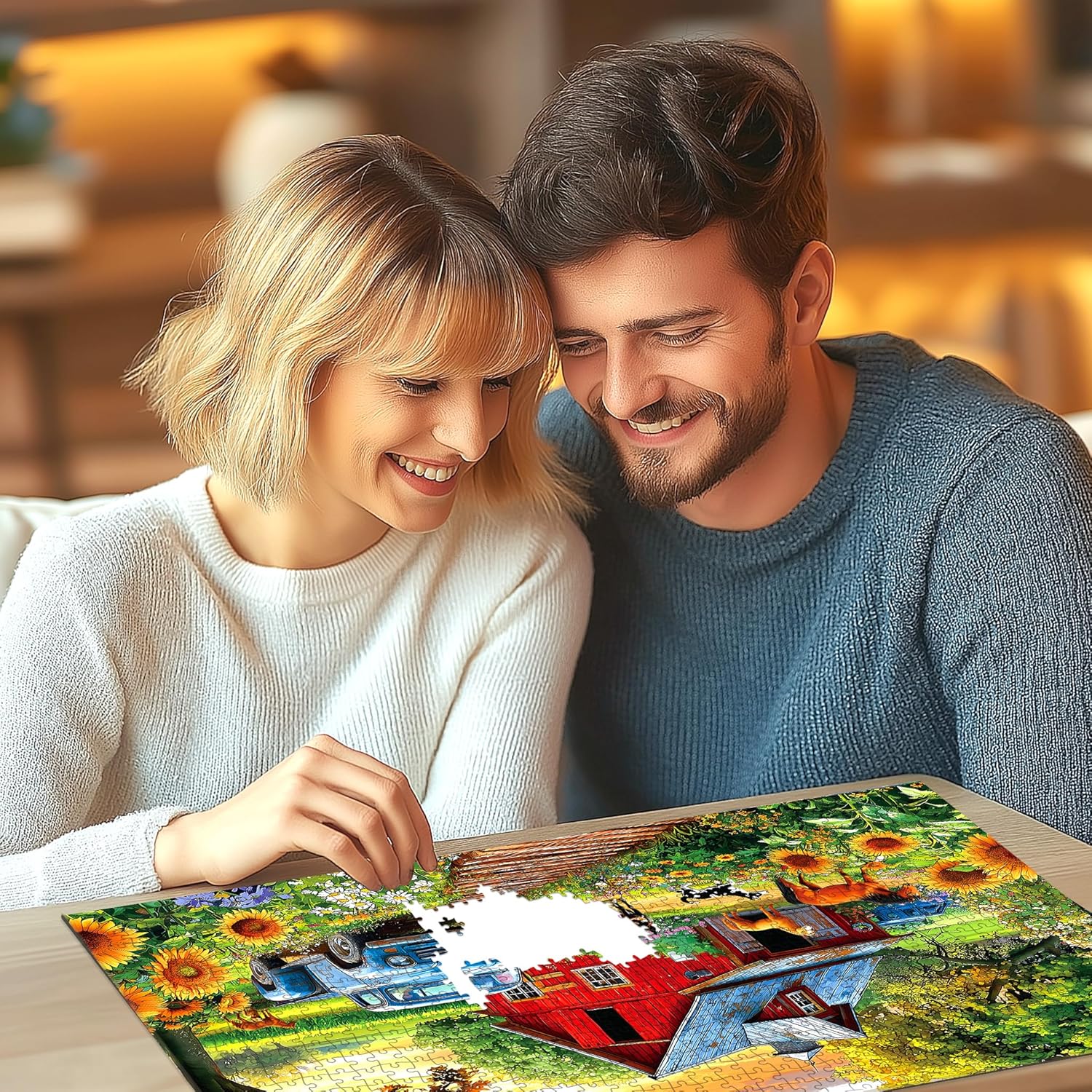 Country Farm Jigsaw Puzzle for Adults 1000 Piece, Vintage Red Barn with Blue Truck, Sunflower Garden Scene,1000 Pieces Spring Puzzles for Adults Entertainment, 27.56x19.69 in
