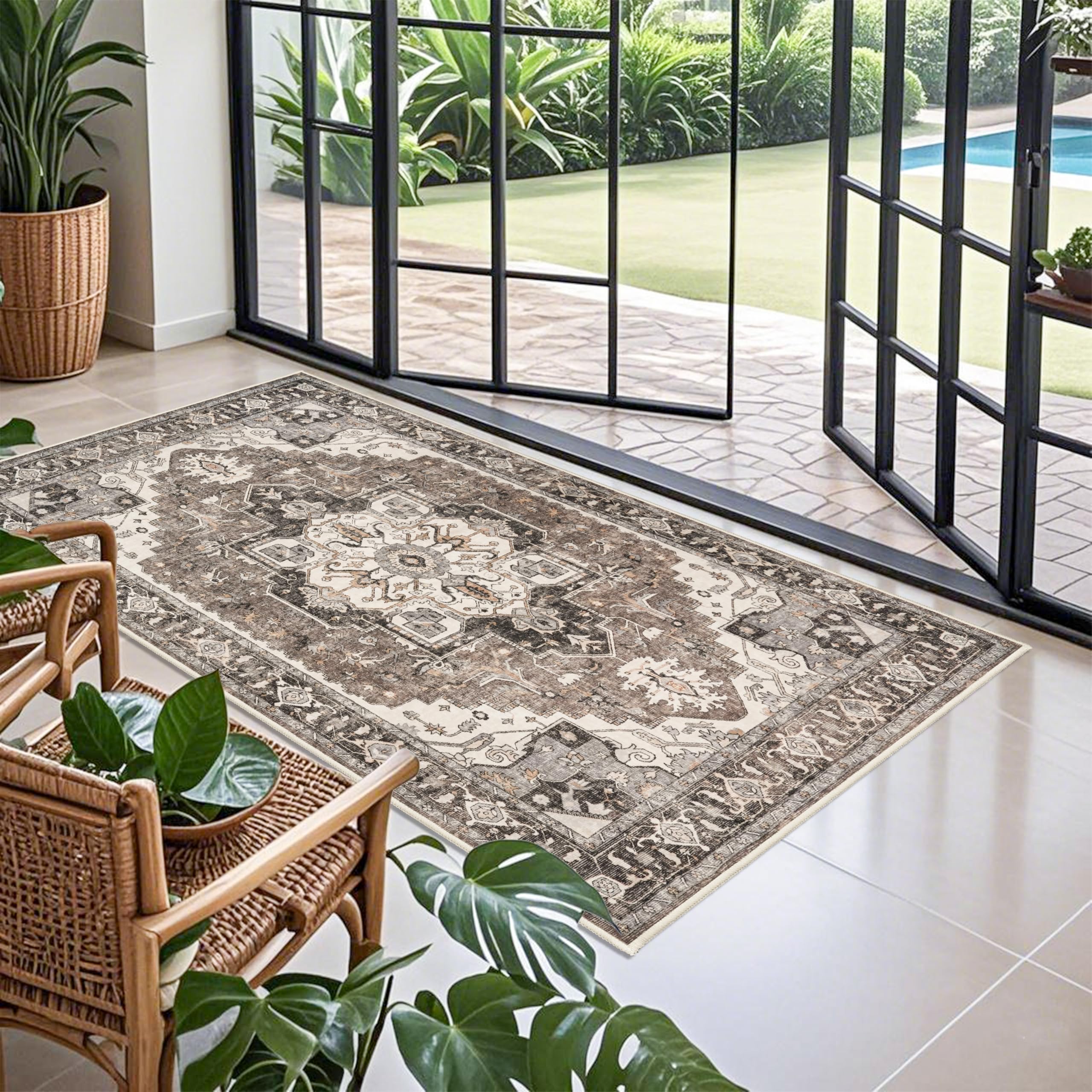 Washable 4x8 Hallway Runner Rug: Low Pile Soft Kitchen Rugs Wide Vintage Stain Resistant Carpet with Non-Slip Rubber Backing Thin Indoor Entryway