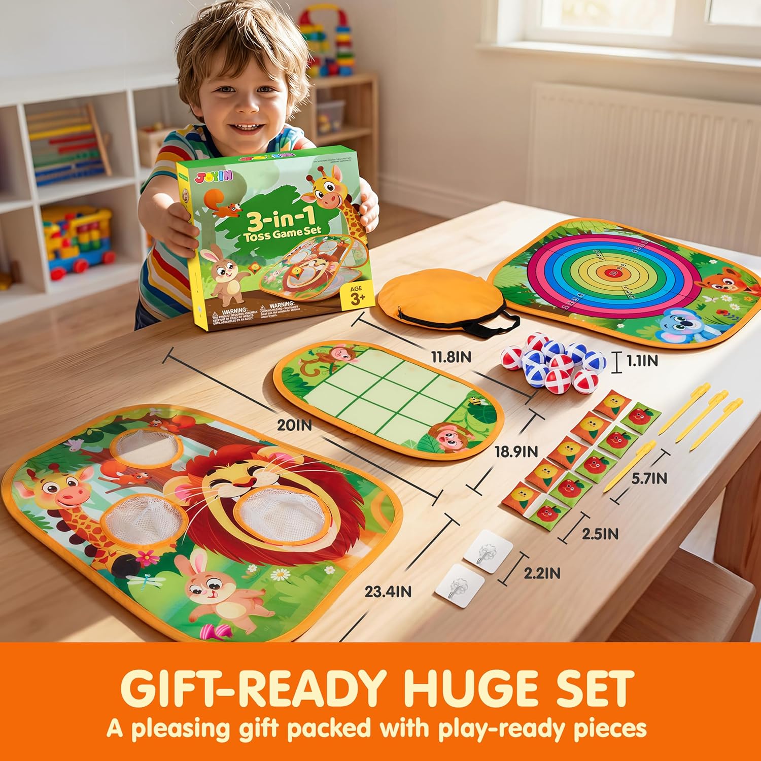 JOYIN 3-in-1 Animal Bean Bag Toss Game for Kids, Portable Corn Hole Games with Tic Tac Toe & Small Sticky Balls, Indoor & Outdoor Toys for Party Yard Beach Lawn, Birthday Gift for Boys Girls Toddlers
