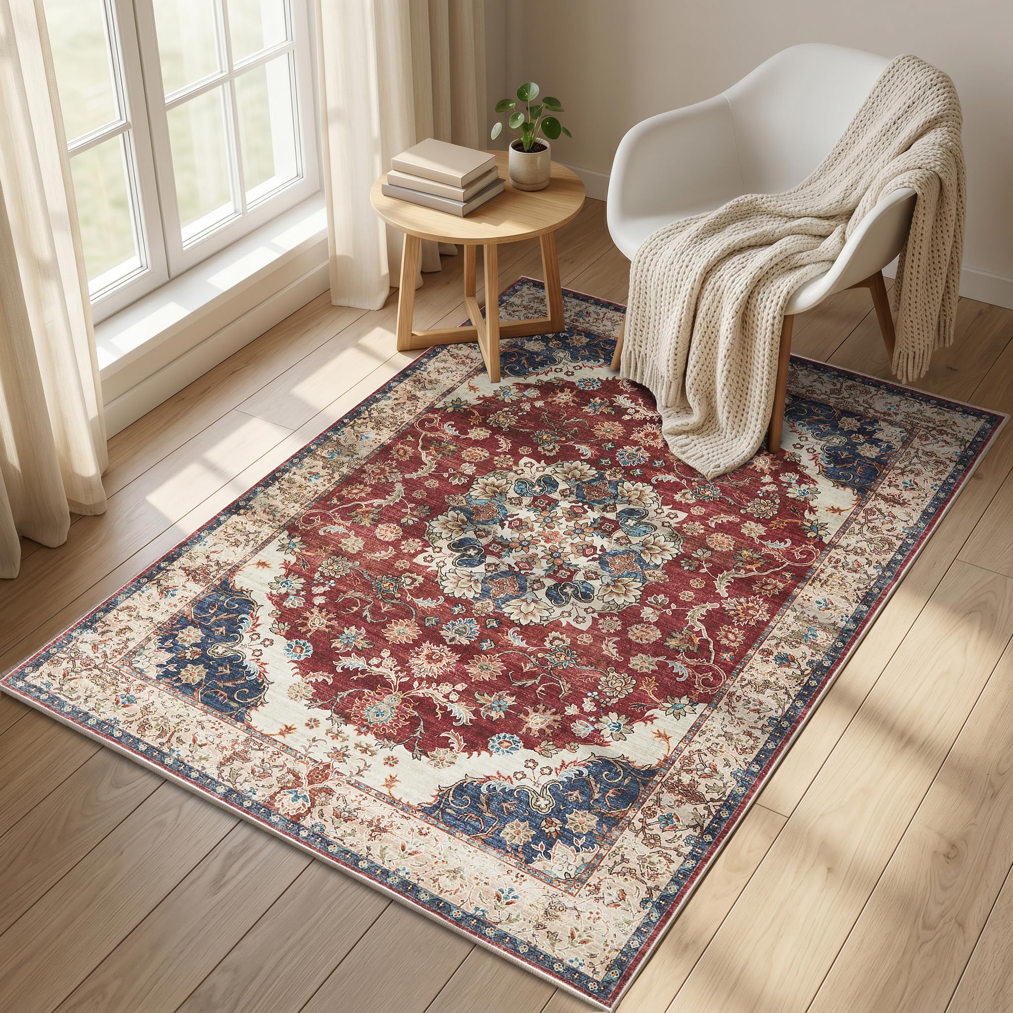 Hafaa Machine Washable Rugs Living Room 80 x 150 cm – Soft Short Pile Area Rugs for Bedroom Large, Kitchen Carpet Non Slip Traditional Oriental Floral Design Vintage Boho Cashmere Rug, Whisper