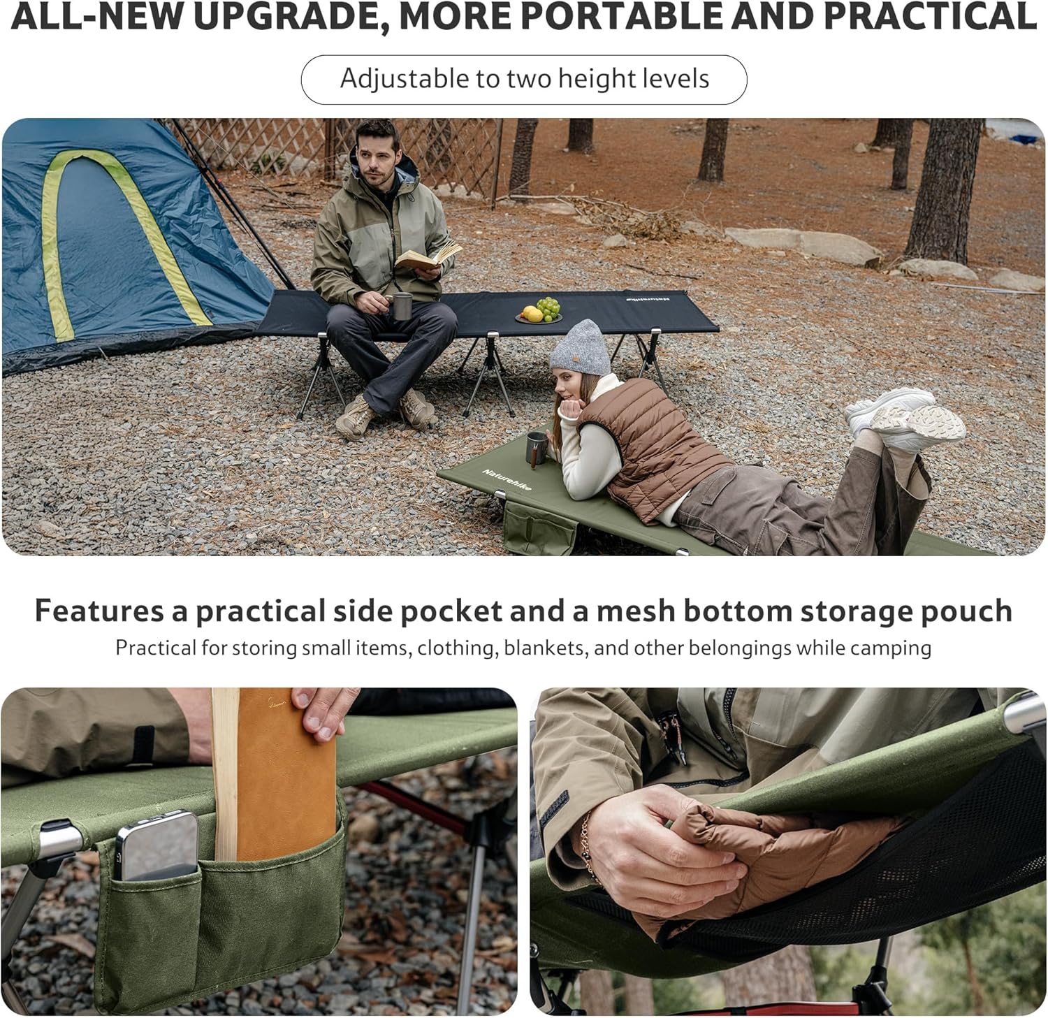 Naturehike ArmyWild Folding Camping Cot, Height Adjustable Ultralight Backpacking Cot, Portable Camping Bed for Camping Hiking Travel Home
