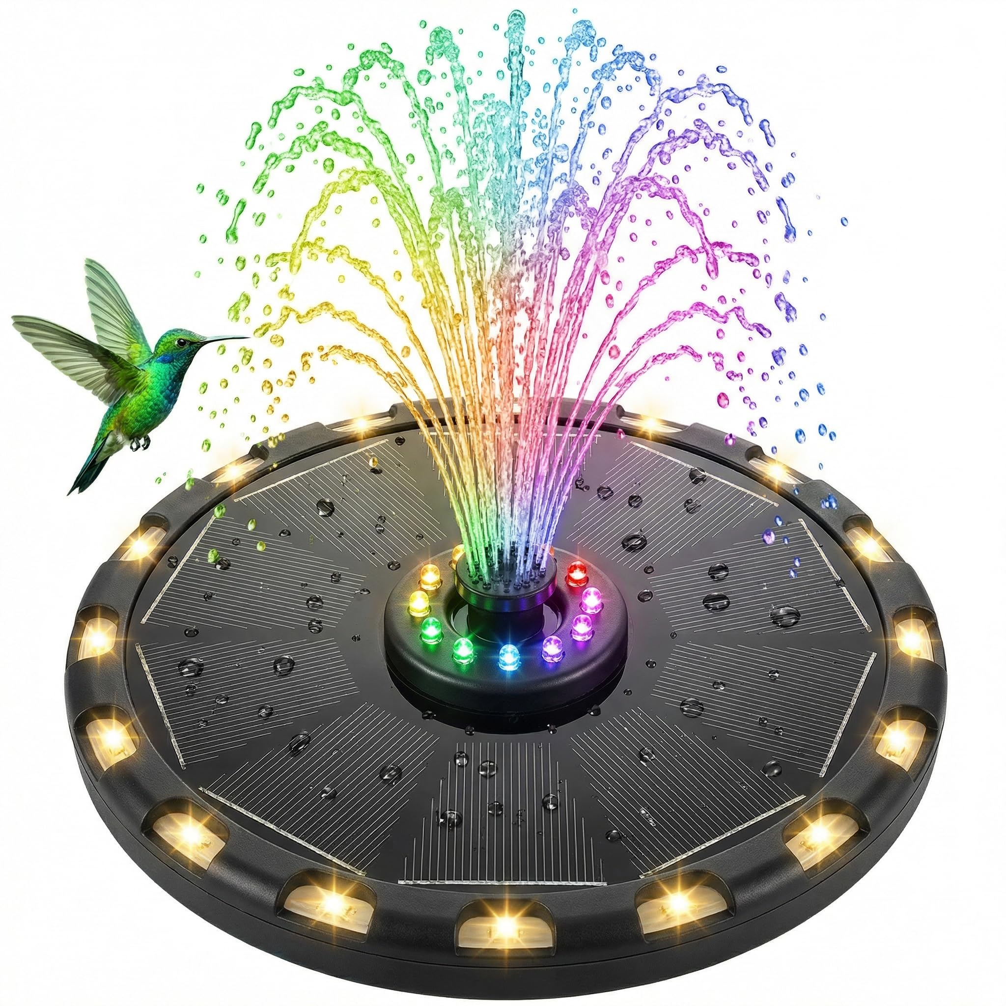 Solar Springbrunnen 3.5W, Solarbrunnen für außen 2026 Upgrade, Solar Teichpumpe mit 8 Bunten&18 Warmweiße LED-Leuchten, Solar Fontäne mit 6 Effekte für Garten Fischteich Wasserspiel Vogel-Bad