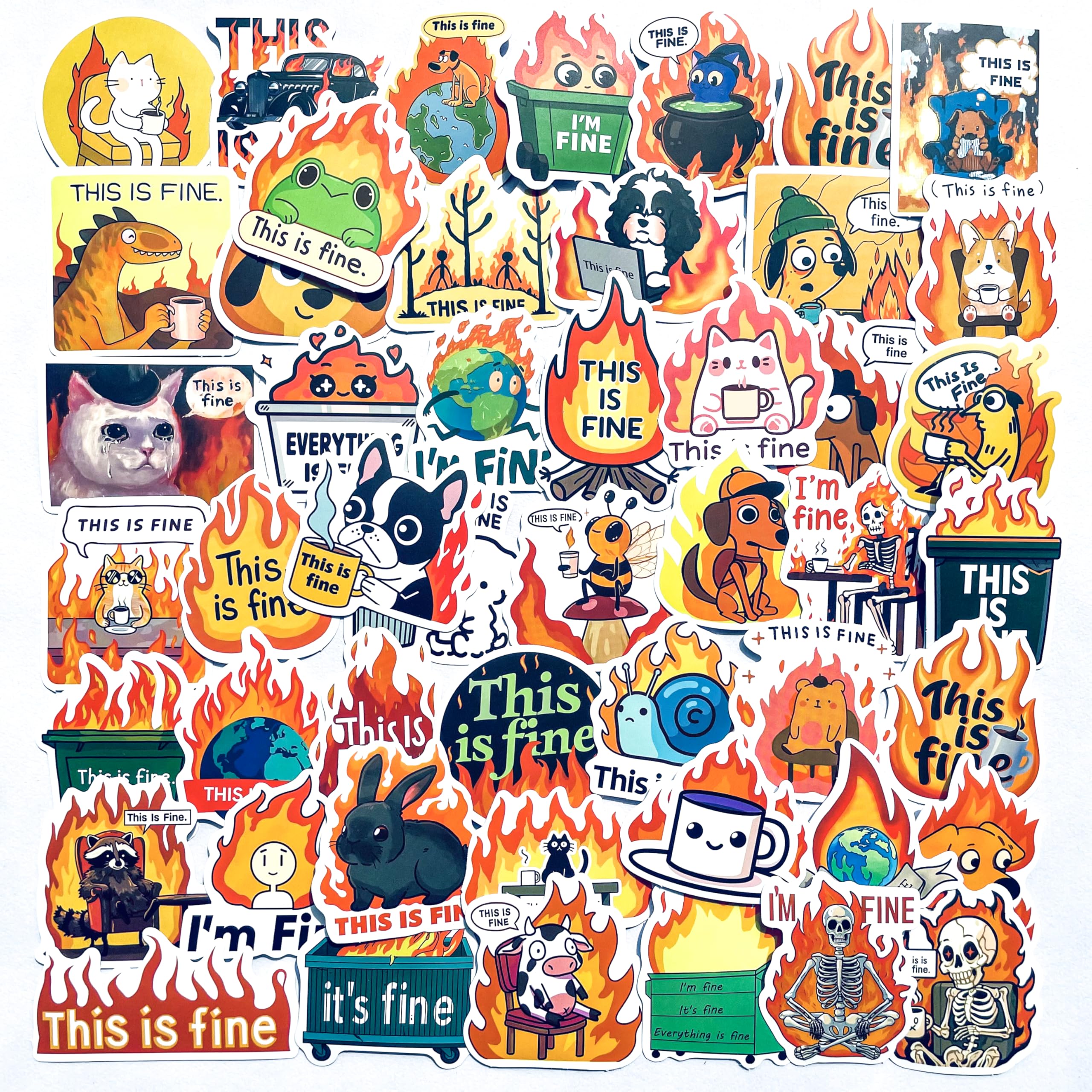 52PCS This is Fine Meme Stickers – Waterproof Vinyl Funny Everything is Fine Fire Dog Animal, Mental Health Stickers for Laptops, Water Bottles,