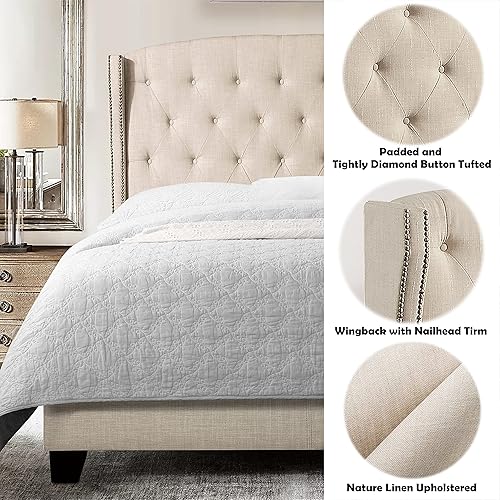 Miniatura 2 de Rosevera Marco de cama con plataforma acolchada, cama francesa, cama occidental, cama Cardiff con respaldo recortado de cabeza de clavo y cabecera