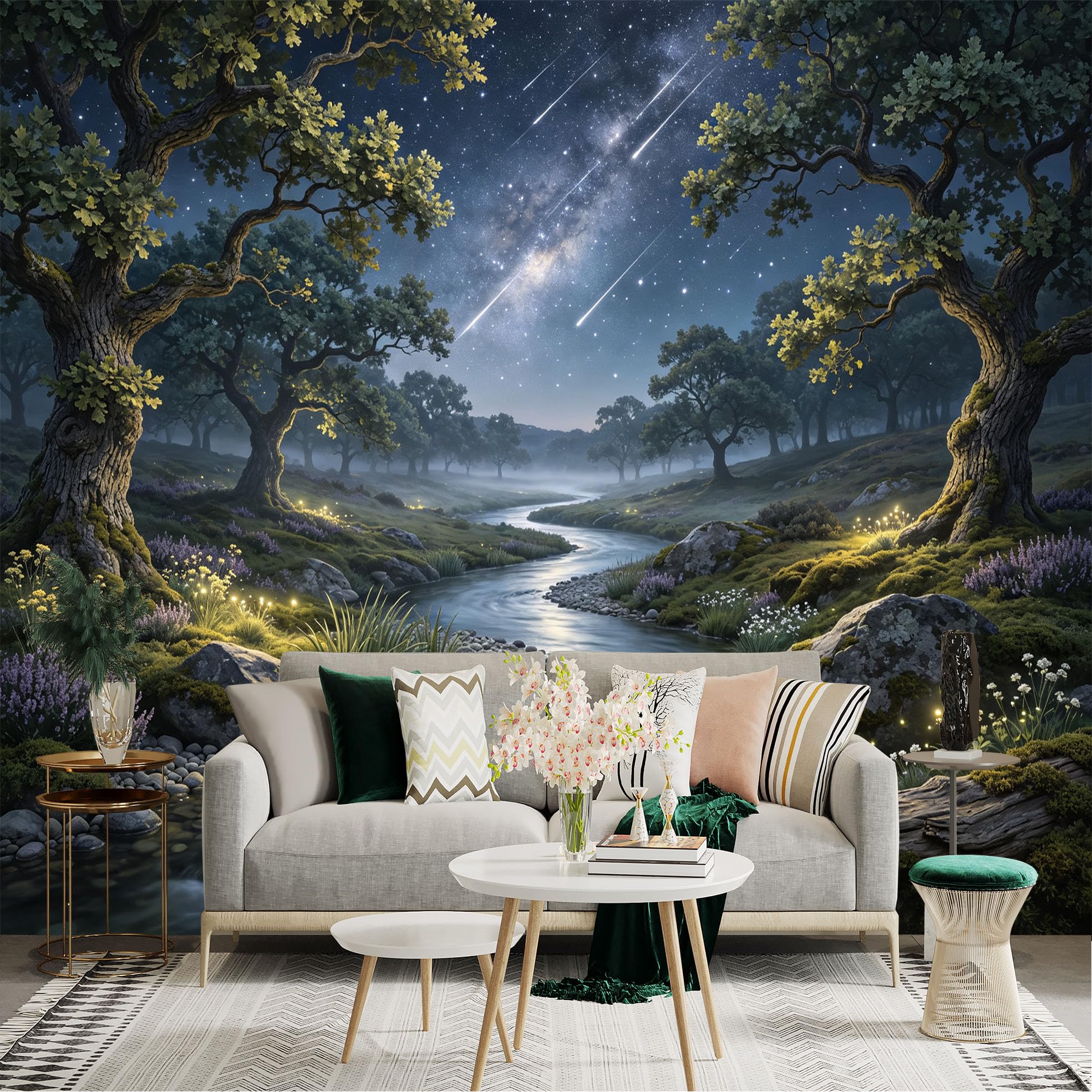 Lnzczhyre Bh260719347 Custom Size Wall Sticker Mural， Enchanted Forest Landscape， Sparkling Night Sky With River， Whimsical Woodland Scenery， For Wall Decoration， Peelandstick Wall Decals.