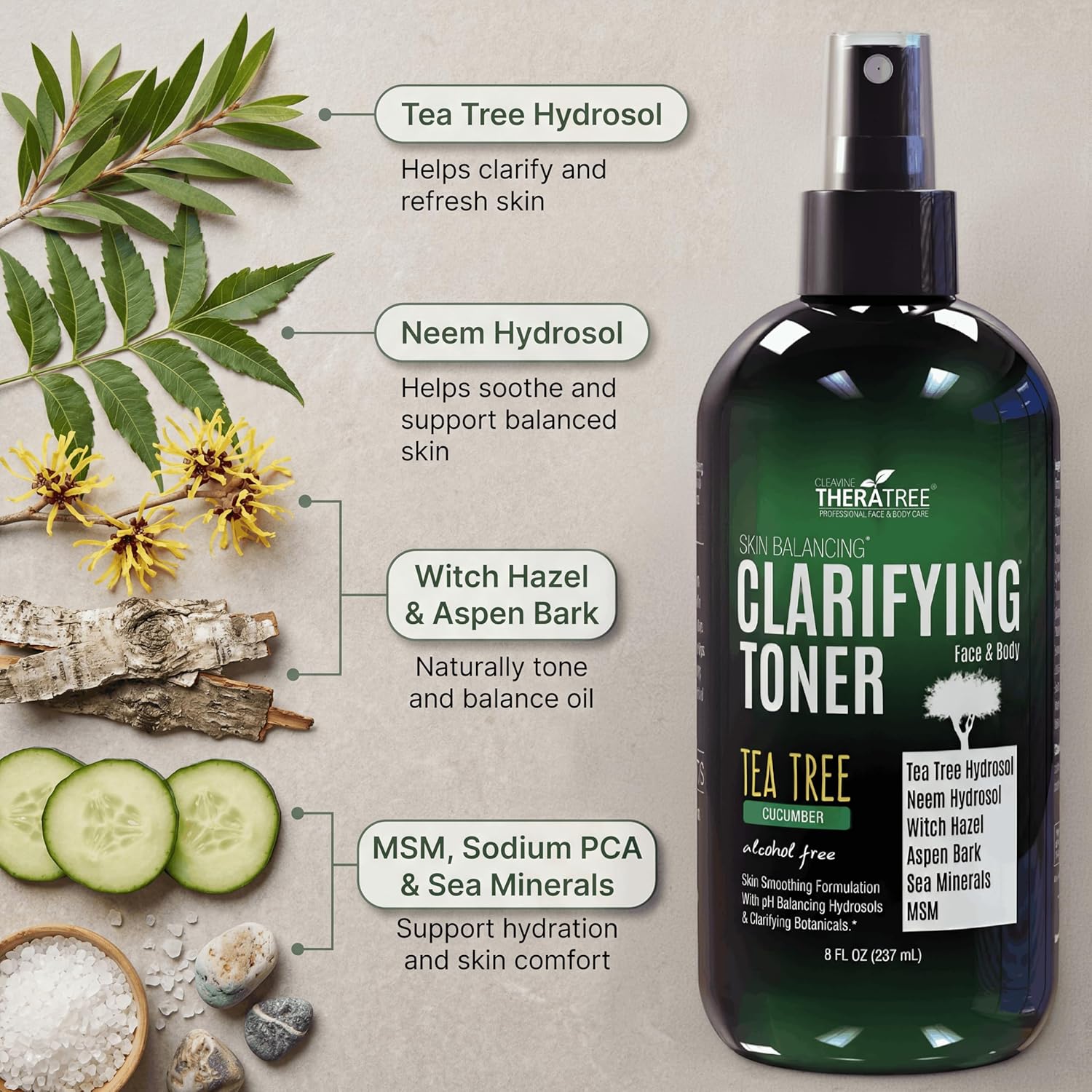 Clarifying Toner with MSM, Tea Tree & Neem Hydrosol, Complexion Control for Face & Body – Helps Reduce Appearance of Pore Size, Controls Oil to Tone, Balance & Hydrate Skin - 8 oz - Image 4