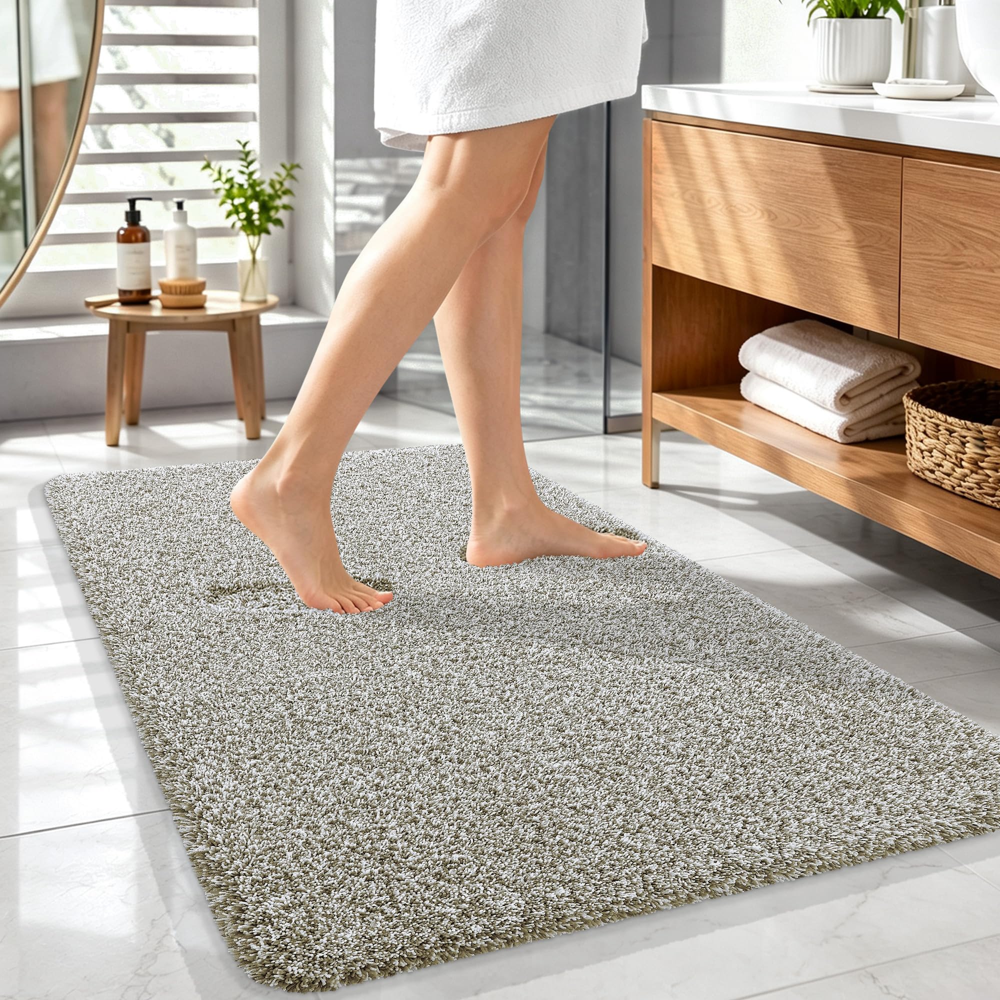 OLANLY Microfiber Bathroom Rugs 44x32, Quick Dry Mat, Moss Green and White