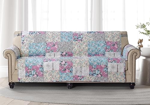 Miniatura 30 de Brilliant Sunshine Funda para Sofá de Retazos con Flores de Durazno y Olivo, Funda Acolchada para Sofá Grande, Ancho de Asiento de 70", Protector de