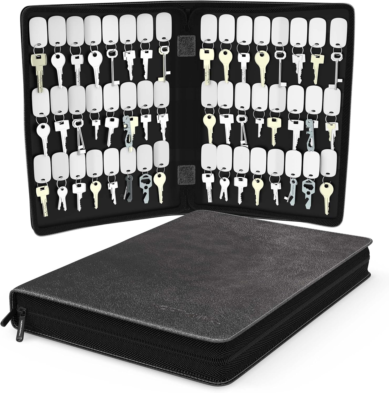 Northwall Leather Key Storage Organizer Case – 48 Tags Zippered Binder for Property, Office, and Car Keys – Portable Landlord Key Organizer for Landlords and Real Estate Professionals (Black)