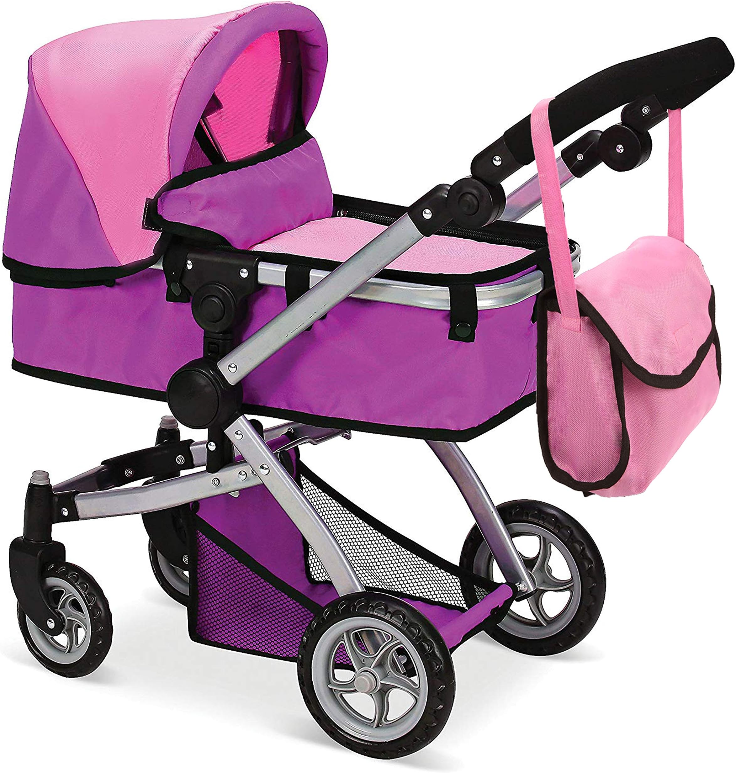 Mommy & MeBabyboo Deluxe Doll Pram Colour Pink and Purple with Swivelling Wheels Adjustable Handle and Free Carriage Bag - 9651B Pink And Purple
