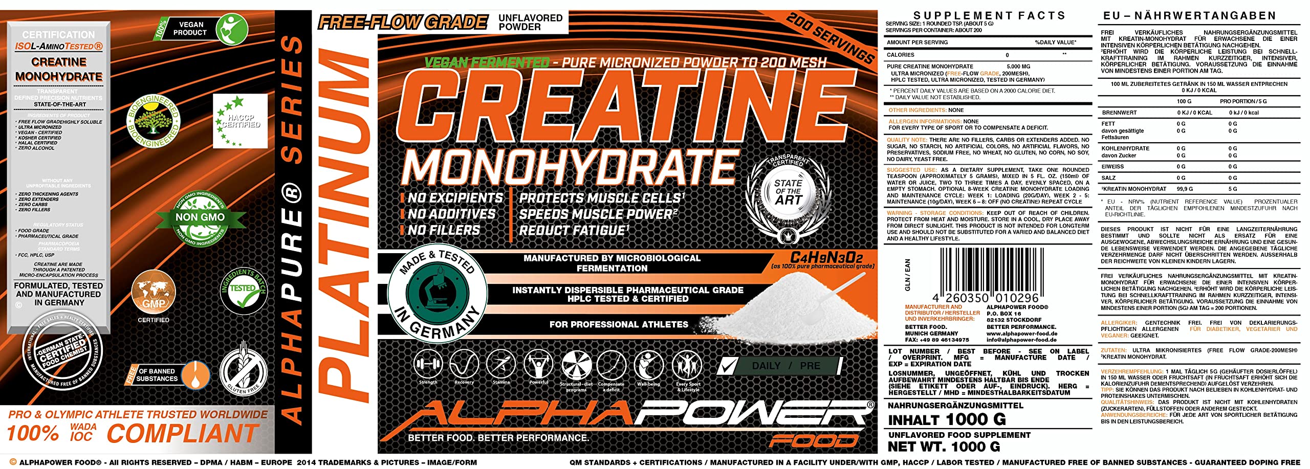 ALPHAPOWER FOOD Monohidrato de creatina, vegano, polvo de creatina bioactiva, 1 kg, probado en laboratorio, ultramicronizado de Alemania, certificado Kosher & Halal