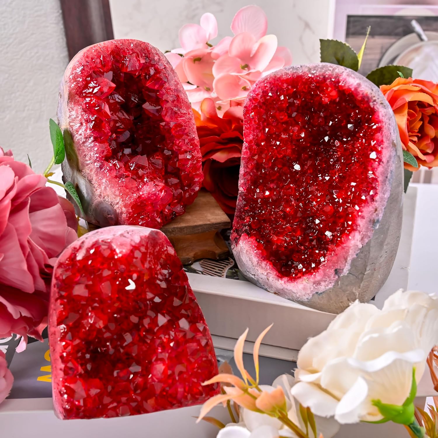 0.44-1.32 LB Natural Colorful Crystal Geode Cluster – Healing Spiritual Home Decor, Unique Gift Idea for Holiday Present and Stress Relief (Wine Red, 1.1-1.32lb)