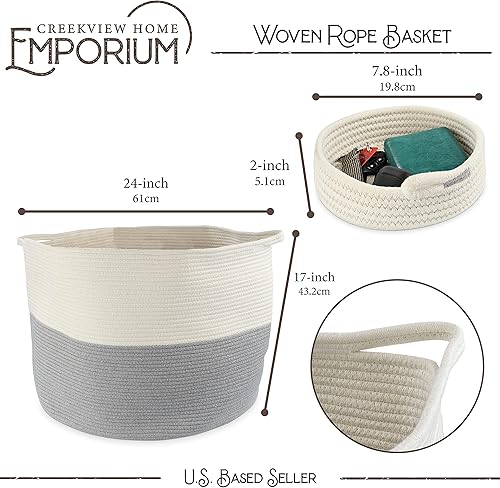 Miniatura 2 de Cesta de cuerda de algodón extra grande de 24 x 17 pulgadas, cesta de almacenamiento de algodón tejido con asas para mantas y juguetes, decoración