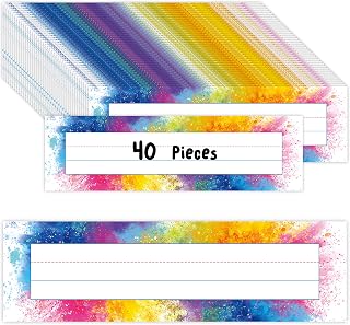 40PCS Desk Nameplates, Double Sided PET Film Desk Name Tags Student Name Labels Erasable & Reusable Traditional Manuscript Name Plates for School Classroom Organization (10” x 2.8”, Watercolor)