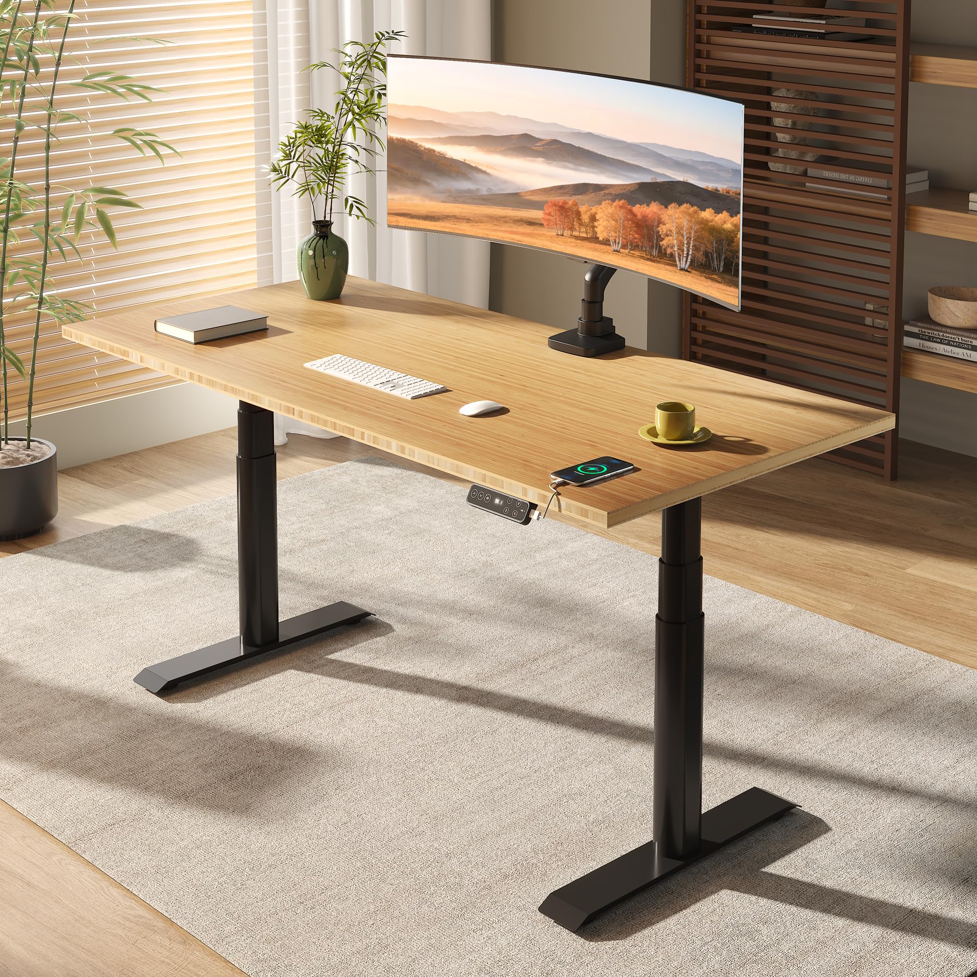 FLEXISPOT E6 Pro Oval Leg Dual Motor 3 Stages Bamboo Whole-Piece Electric Standing Desk 72x30 Inch Board Height Adjustable Electric Sit Stand Up Desk
