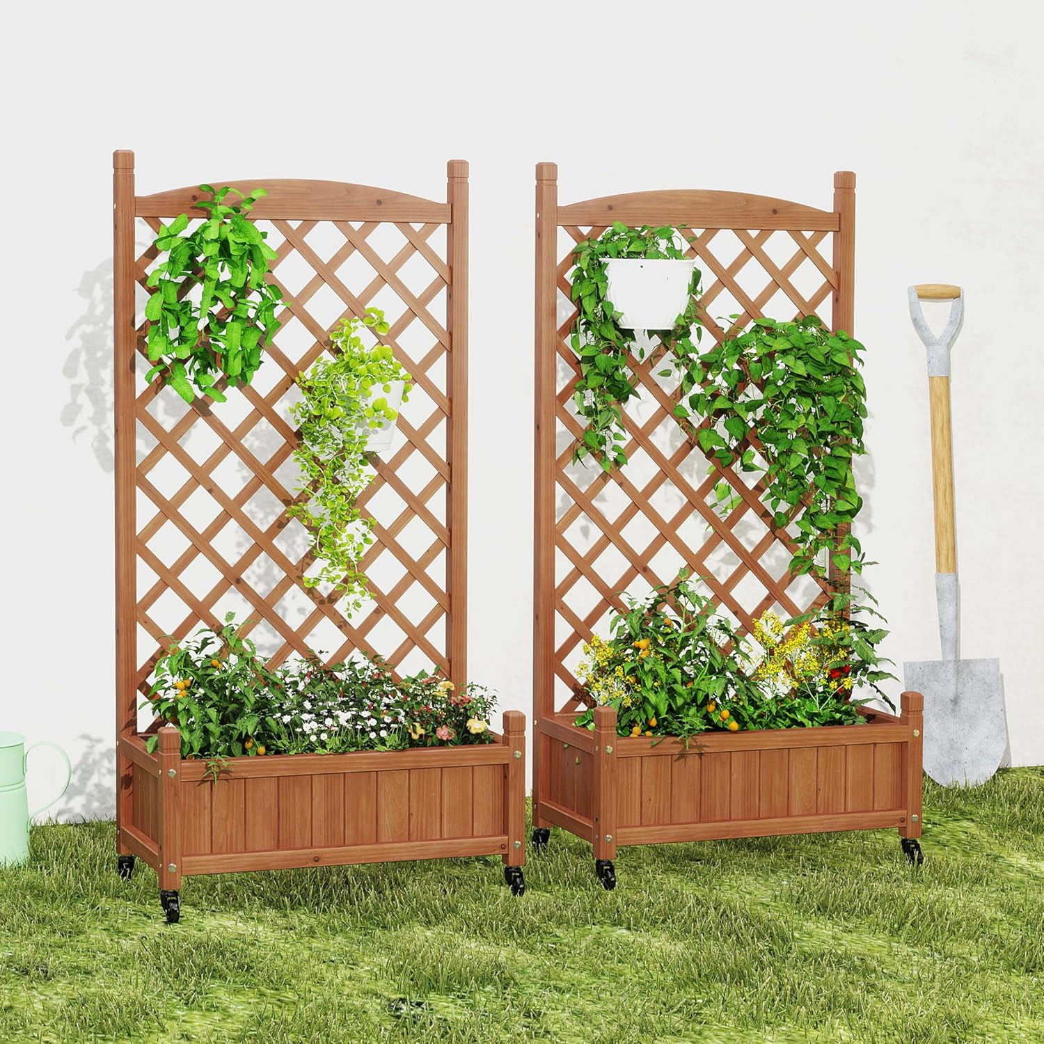 Raised Garden Bed with Trellis Set of 2, Outdoor Wood Planter Box & Plant Stand with Climbing Racks