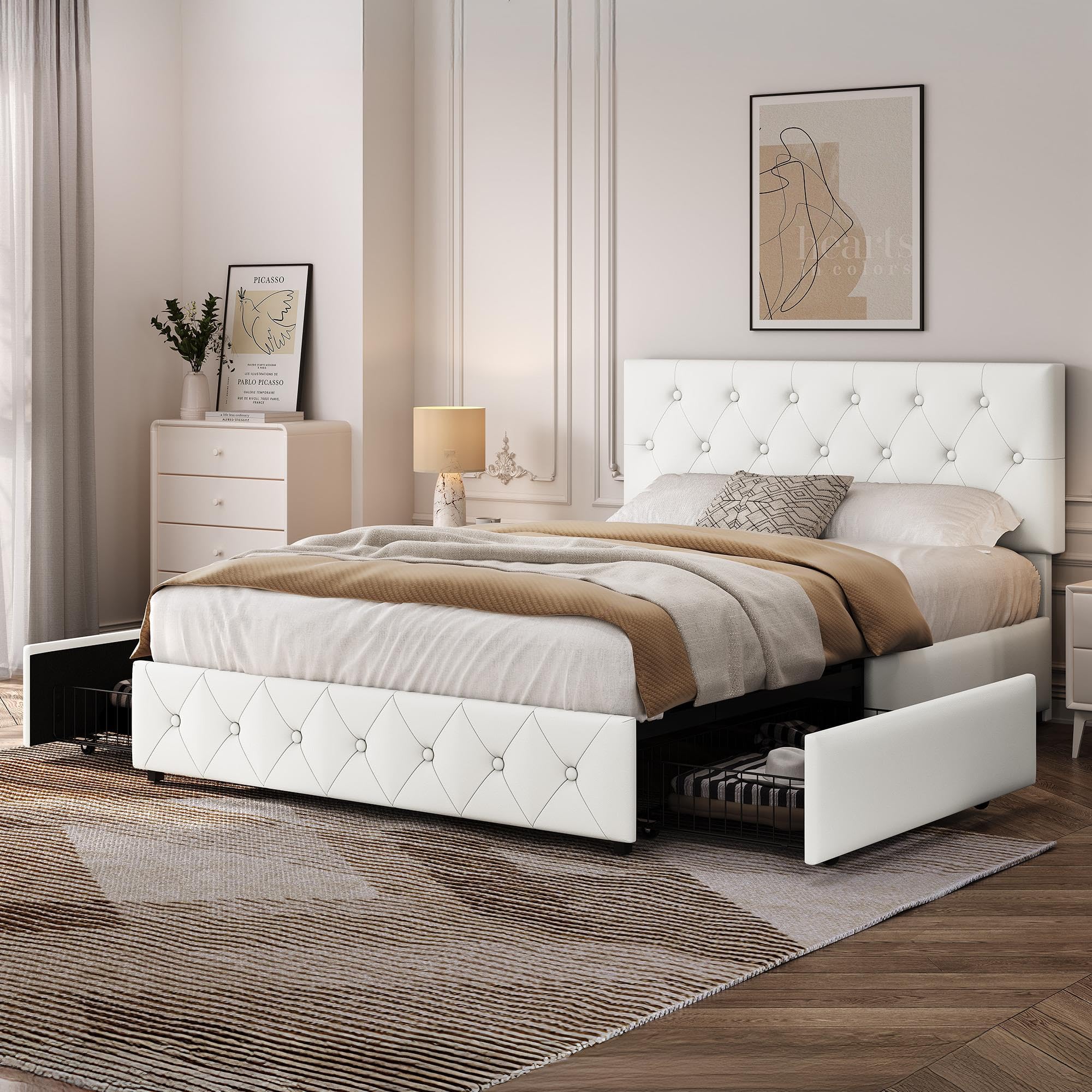 Yaheetech Cama Tapizada de Piel Tirón Botón Cama Acolchada Almacenaje 140 x 200 cm Blanco