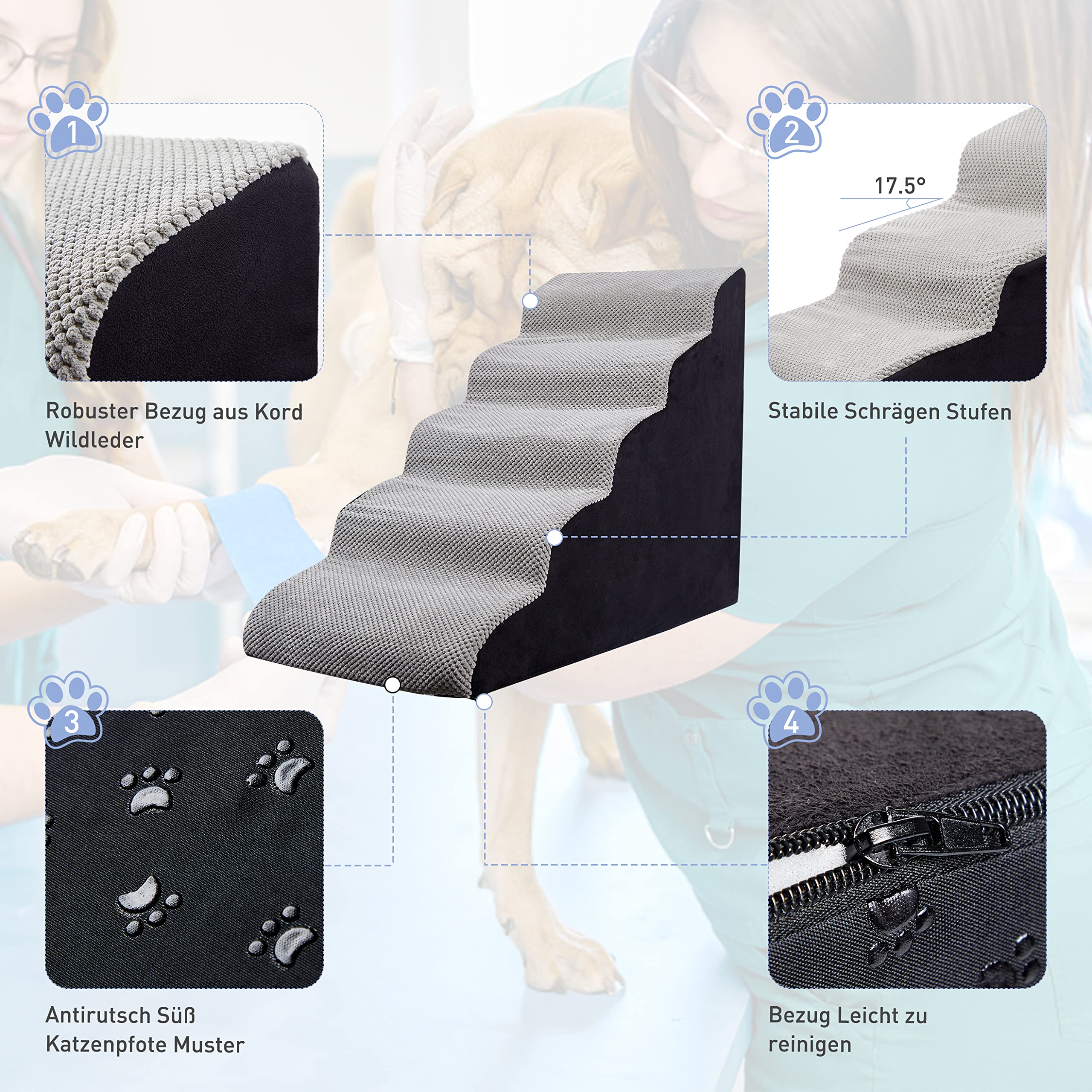 Hundetreppe 60cm Hoch, 5 Stufen Hunderampe für Boxspringbett, Couch, rutschfeste Haustiertreppe/Rampe für kleine/verletzte Hunde, Katzen - mit Hundespielzeug Seil, Farbe in Grau