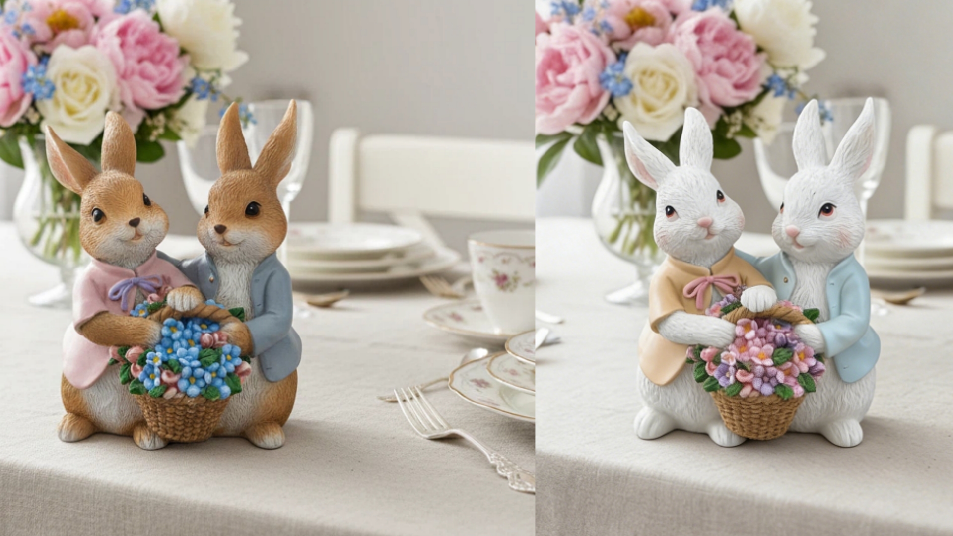Estatua pareja de conejos con canastas decorativas miniatura 7