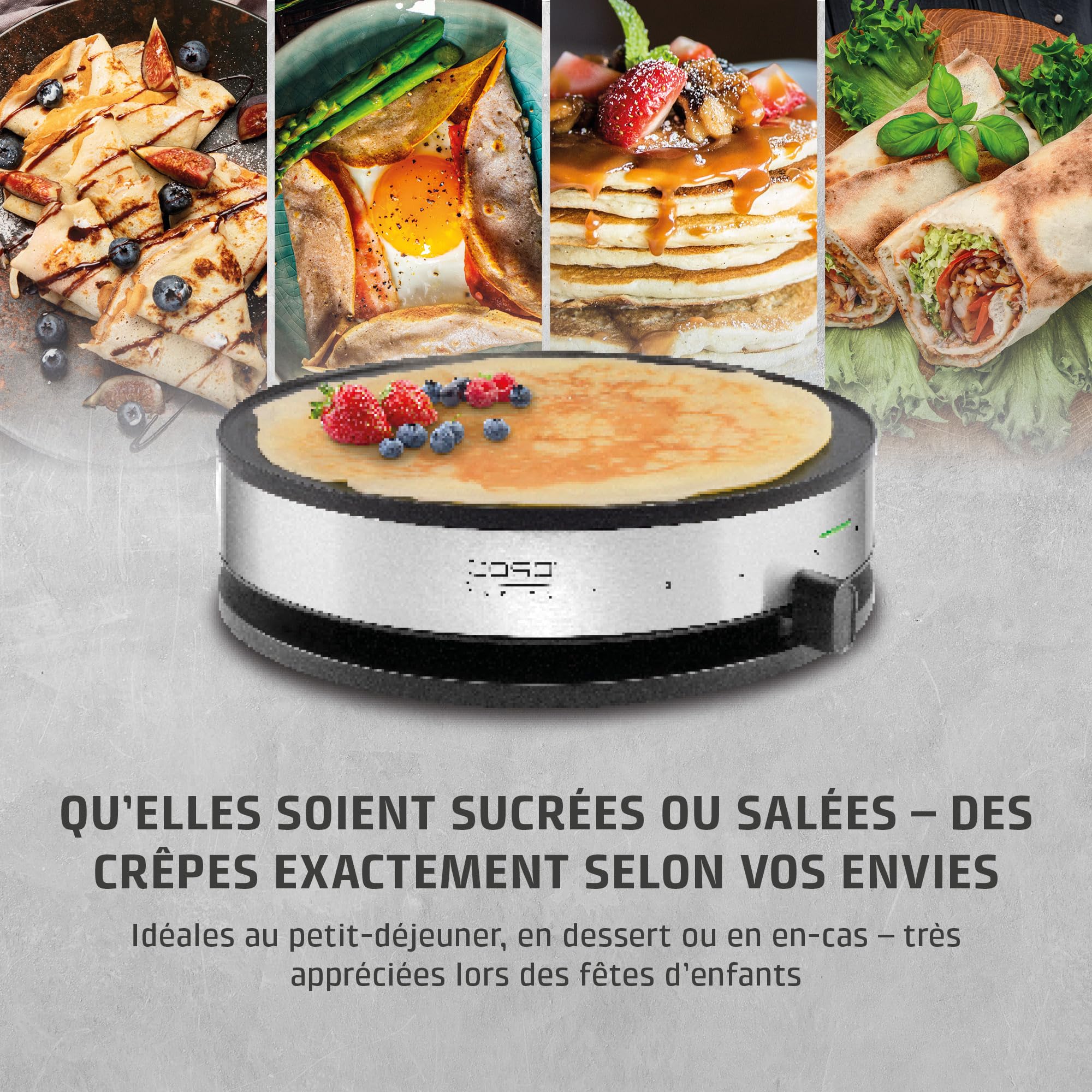 Caso 2930 cm 1300 Design Crêpes maker avec surface de cuisson Extra Large, diamètre 33 cm, 1300 W, Noir, Argent