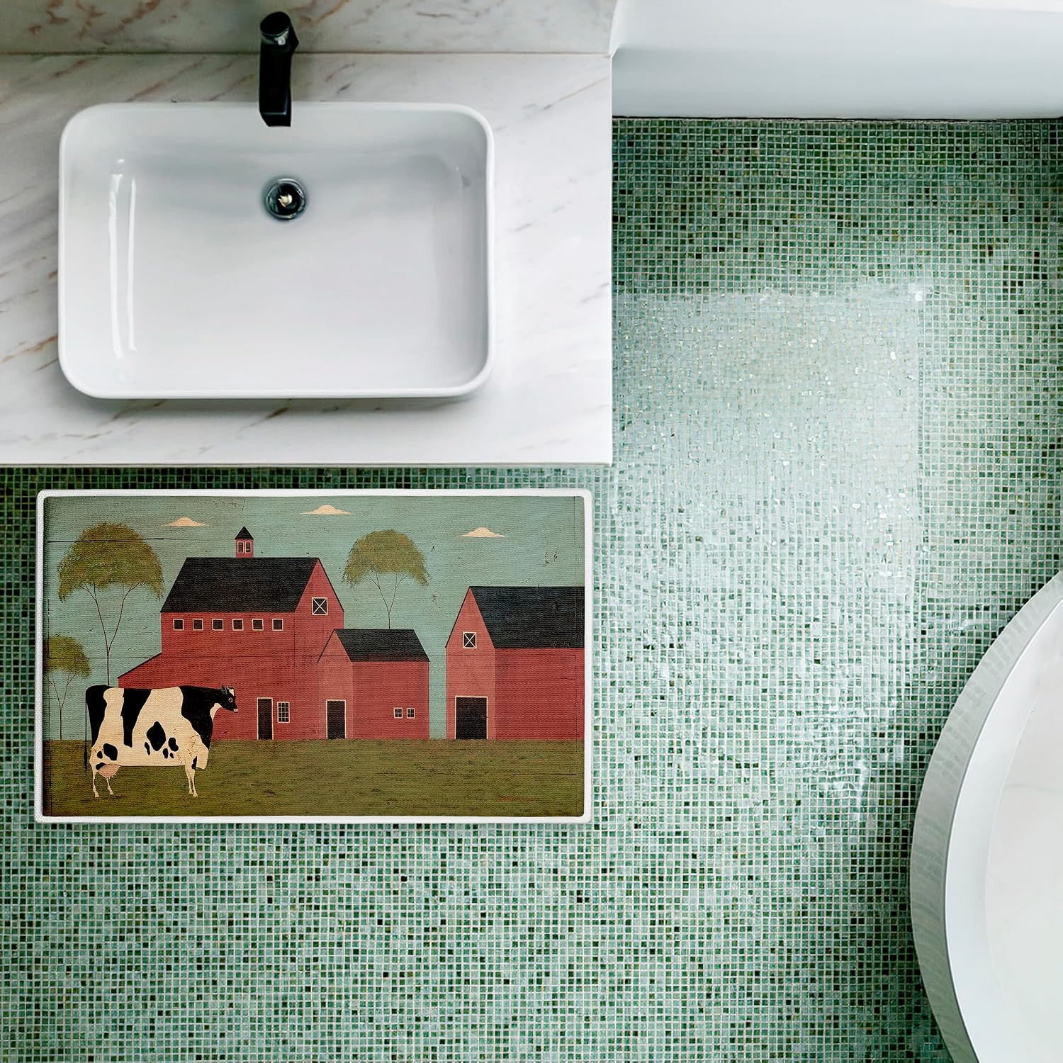 Stupell Industries Nellies Barn Cow Plush Bathroom Mat & Bath Rug, Soft Quick-Dry Non-Slip Bathroom Rug with Recycled Foam Cushion, Farmhouse Country Animal Design by Warren Kimble, 18"x30"