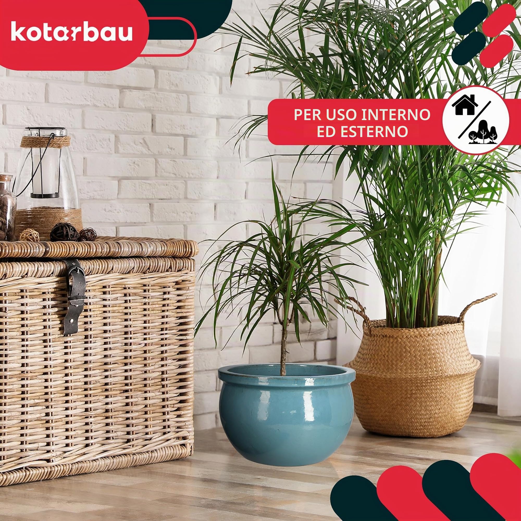 KOTARBAU® - Vaso da fiori in ceramica per giardino, rotondo, ⌀ 390 mm, turchese
