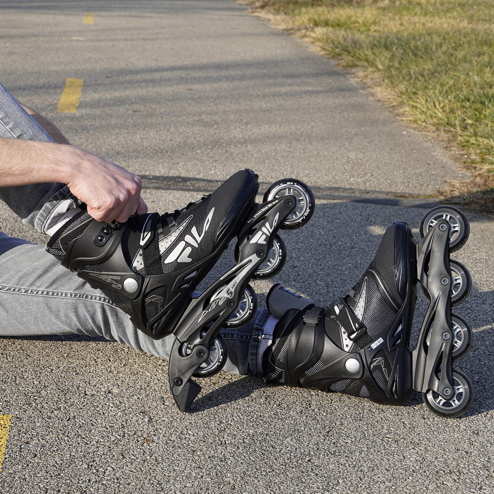 FILA Legacy Comp Inline Fitness Skates for Men and Women- Air Flow Technology, Lightweight Composite Frame, 80mm Wheels, ABEC-5 Bearings - Black/Grey, Men 10