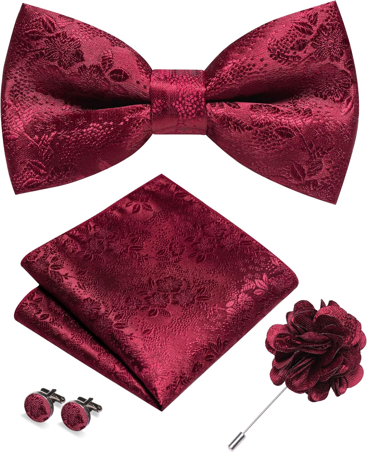 JEMYGINS Floral Pre-tied Bow Tie and Pocket Square Cufflinks Lapel Pin Sets for Men 4PCS