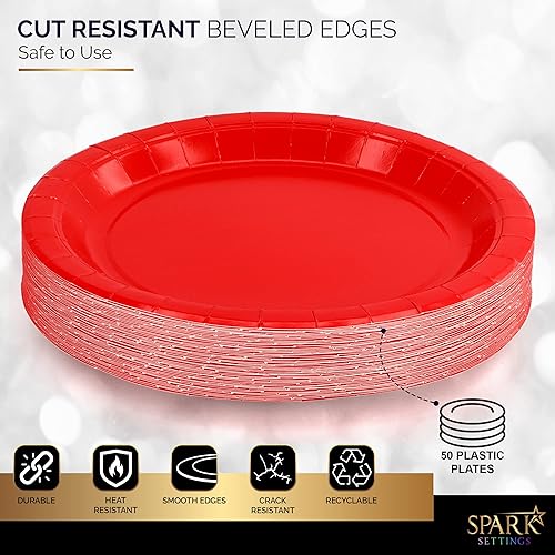 Miniatura 4 de Platos llanos de papel rojos, platos de papel desechables de 8 12 pulgadas, platos desechables fuertes y resistentes para fiestas, cenas,