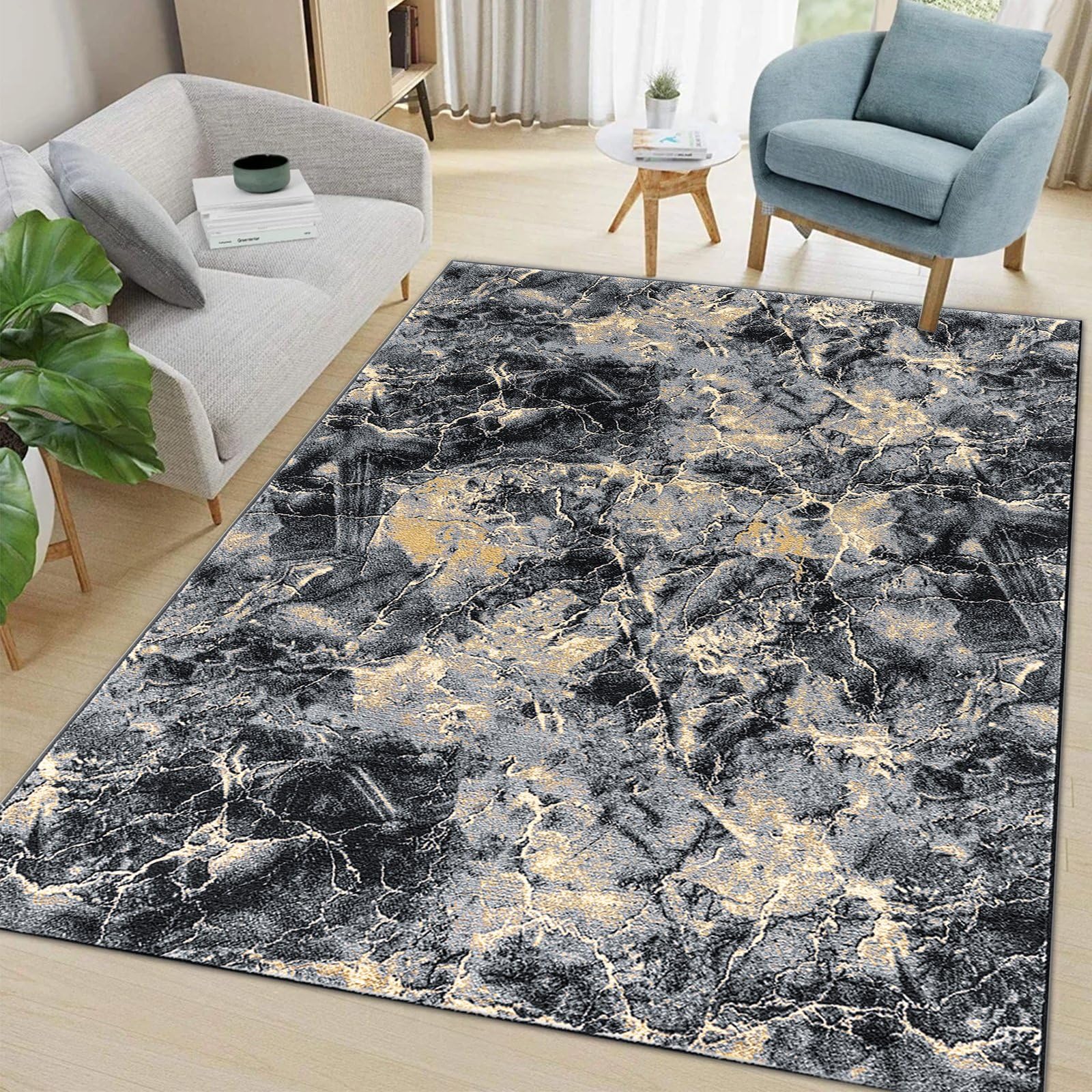 renoazul® Non-Skid Area Rugs For Living Room With Gel Backing - Marble Rug - 160 x 230 cm - Ochre - Washable Low Pile Rug, Very Large Rugs - Ideal For Lounge, Kitchen & Dining Room.